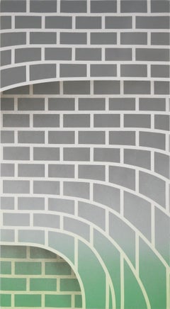 "Snake in the Grass" Contemporary Green and Grey Brick Wall Abstract Painting