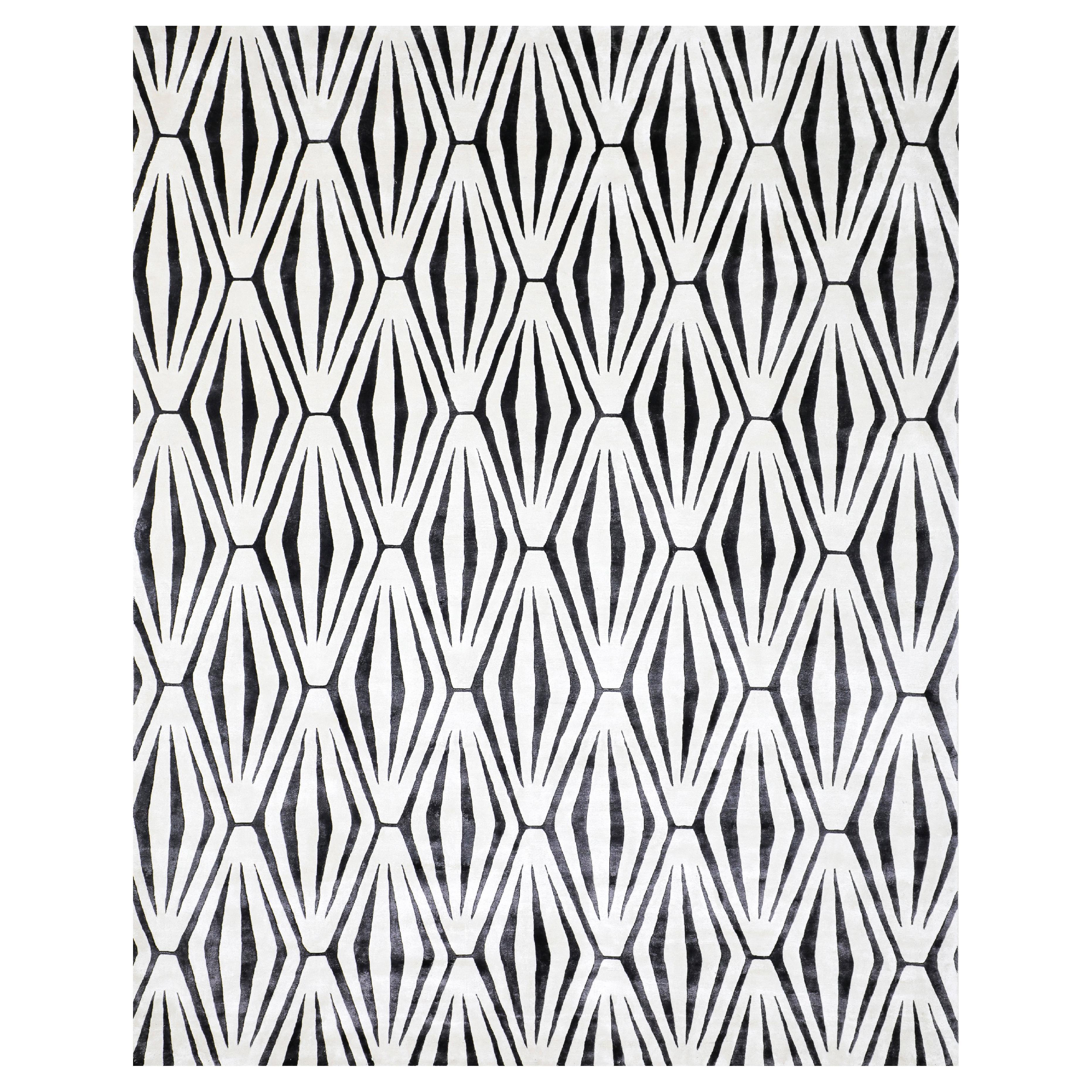 DUAL Hand Knotted Modern Geometric Silk Rug in Black & White Colour By Hands For Sale
