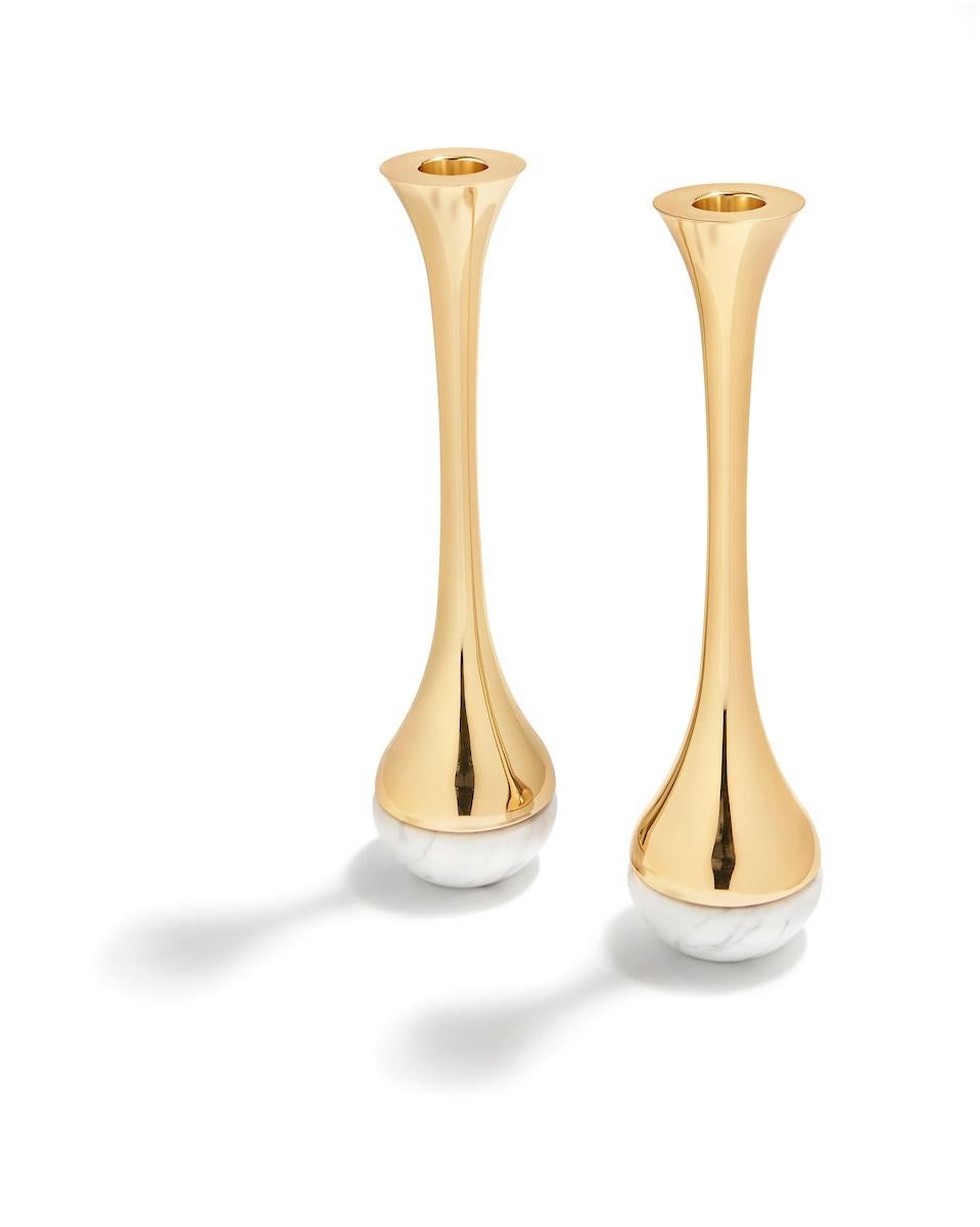 Contemporary Dual Candlestick Set in Marble and Polished Gold Metal by ANNA new york For Sale