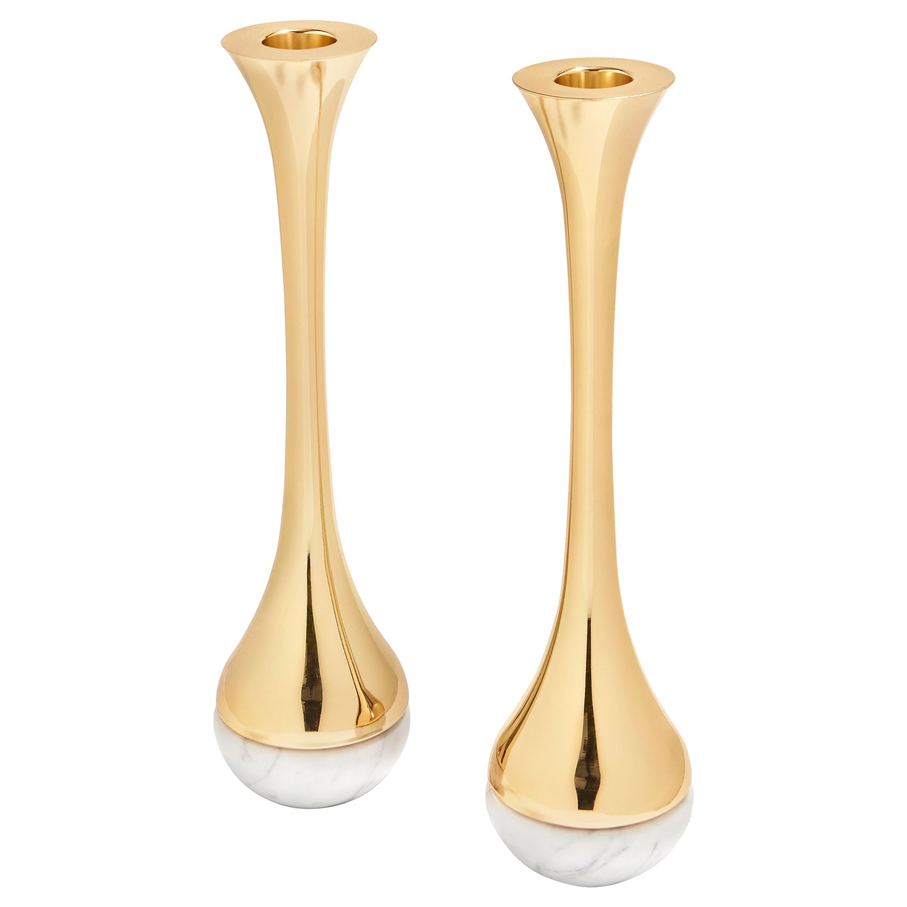 Dual Candlestick Set in Marble and Polished Gold Metal by ANNA new york For Sale