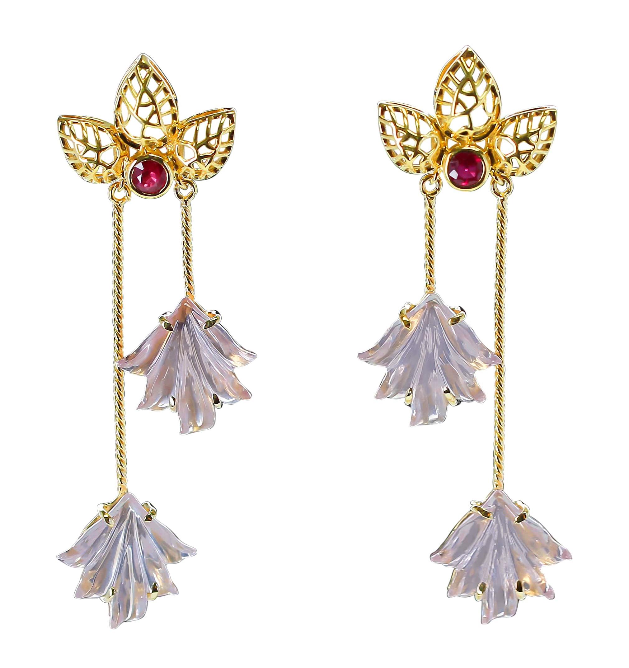 Round Cut Dual Carved Rose Quartz Earrings with Gold Leaf Work with Ruby