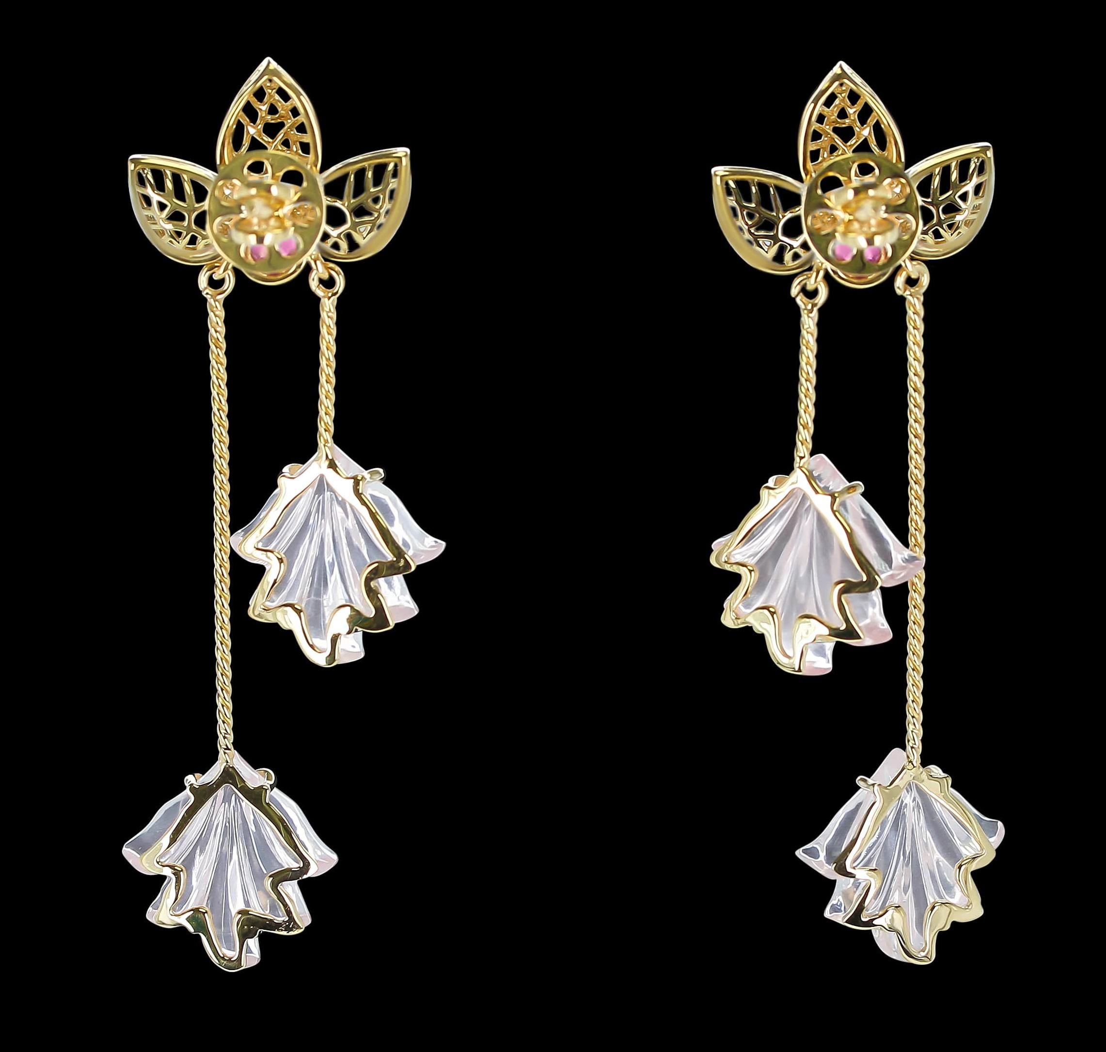 Dual Carved Rose Quartz Earrings with Gold Leaf Work with Ruby In New Condition In New York, NY