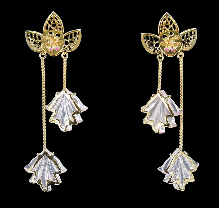 Rose Quartz Earrings with Gold Leaves
