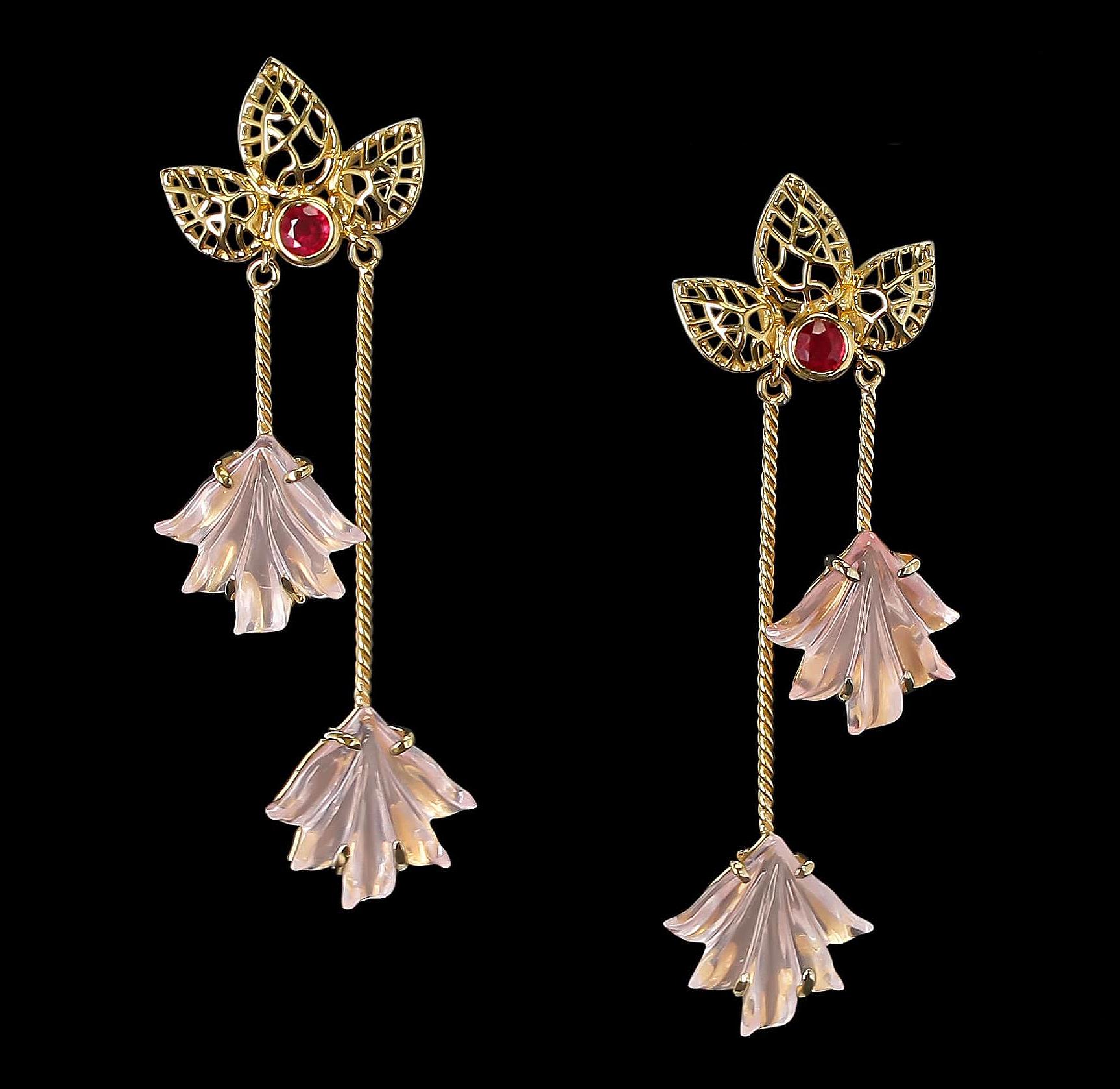 Dual Carved Rose Quartz Earrings with Gold Leaf Work with Ruby 3