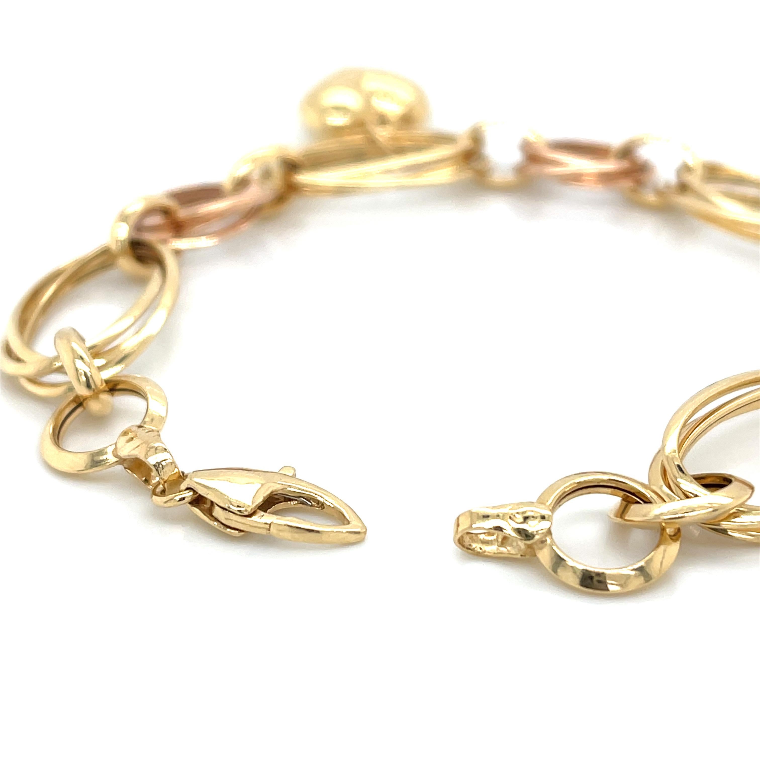 Women's or Men's Dual-Chain Heart Charm 18K Yellow & Rose Gold Bracelet For Sale