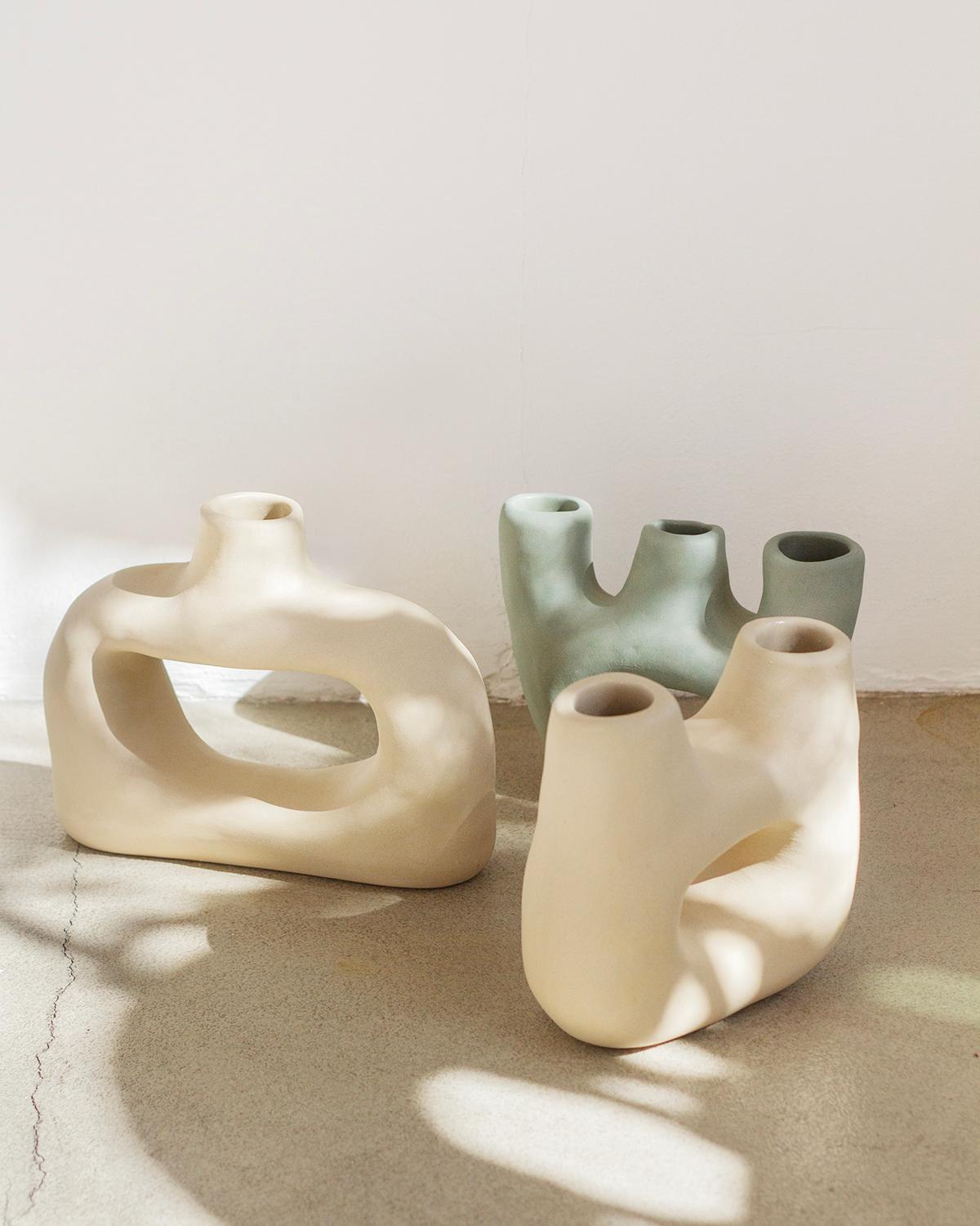Mexican Dual Clay Handmade Organic Modern Vase Natural Cream Beige For Sale