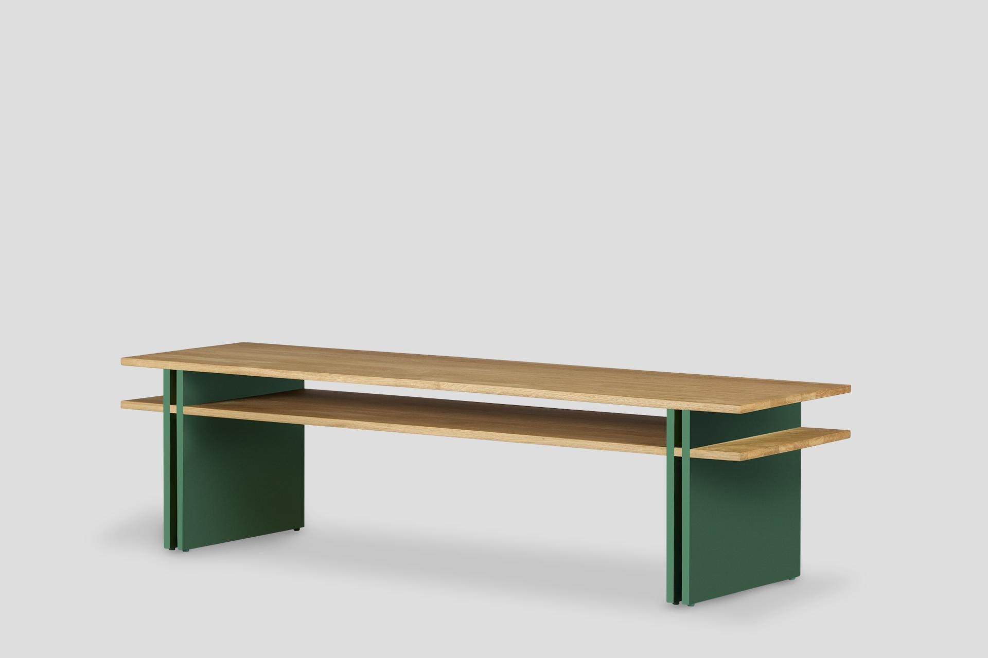 Dual Coffee Table Solid Wood Oak, Fixed Shelf - Green In New Condition For Sale In Okmeydanı, TR