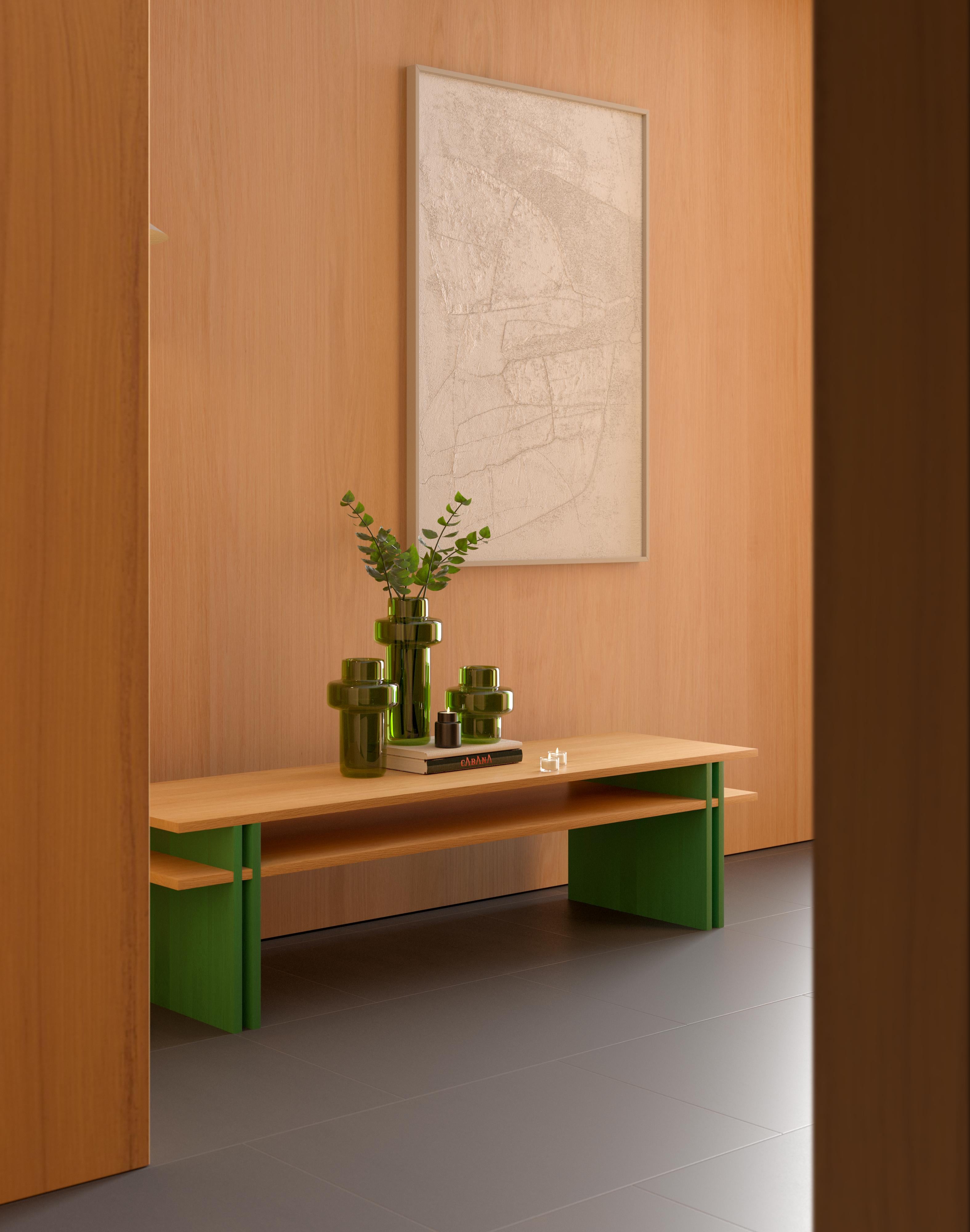 Dual Coffee Table Solid Wood Oak, Fixed Shelf - Green For Sale 1