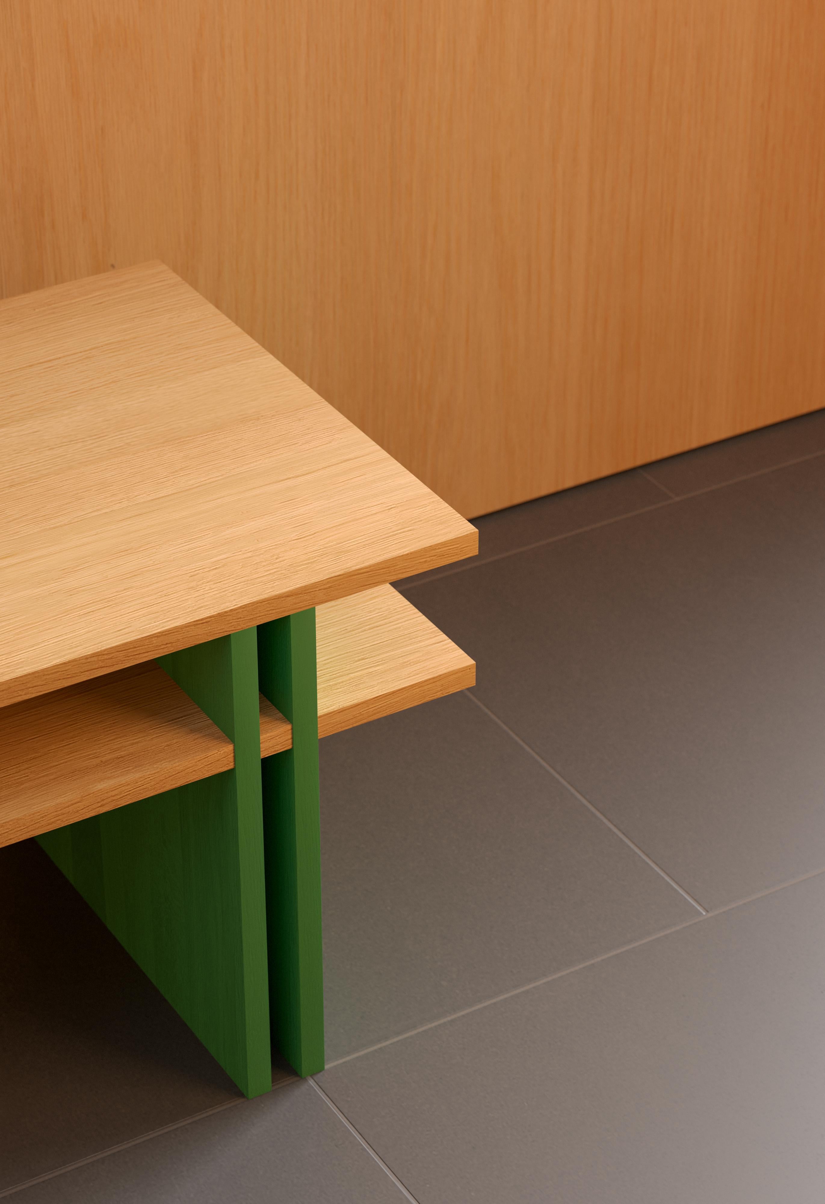 Dual Coffee Table Solid Wood Oak, Fixed Shelf - Green For Sale 2