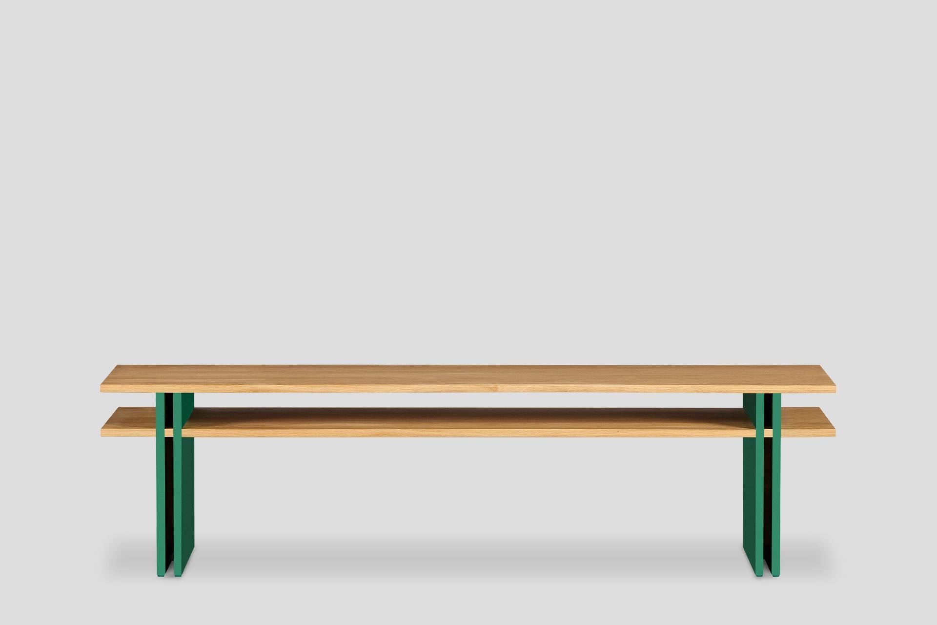 Dual Coffee Table Solid Wood Oak, Fixed Shelf - Green For Sale