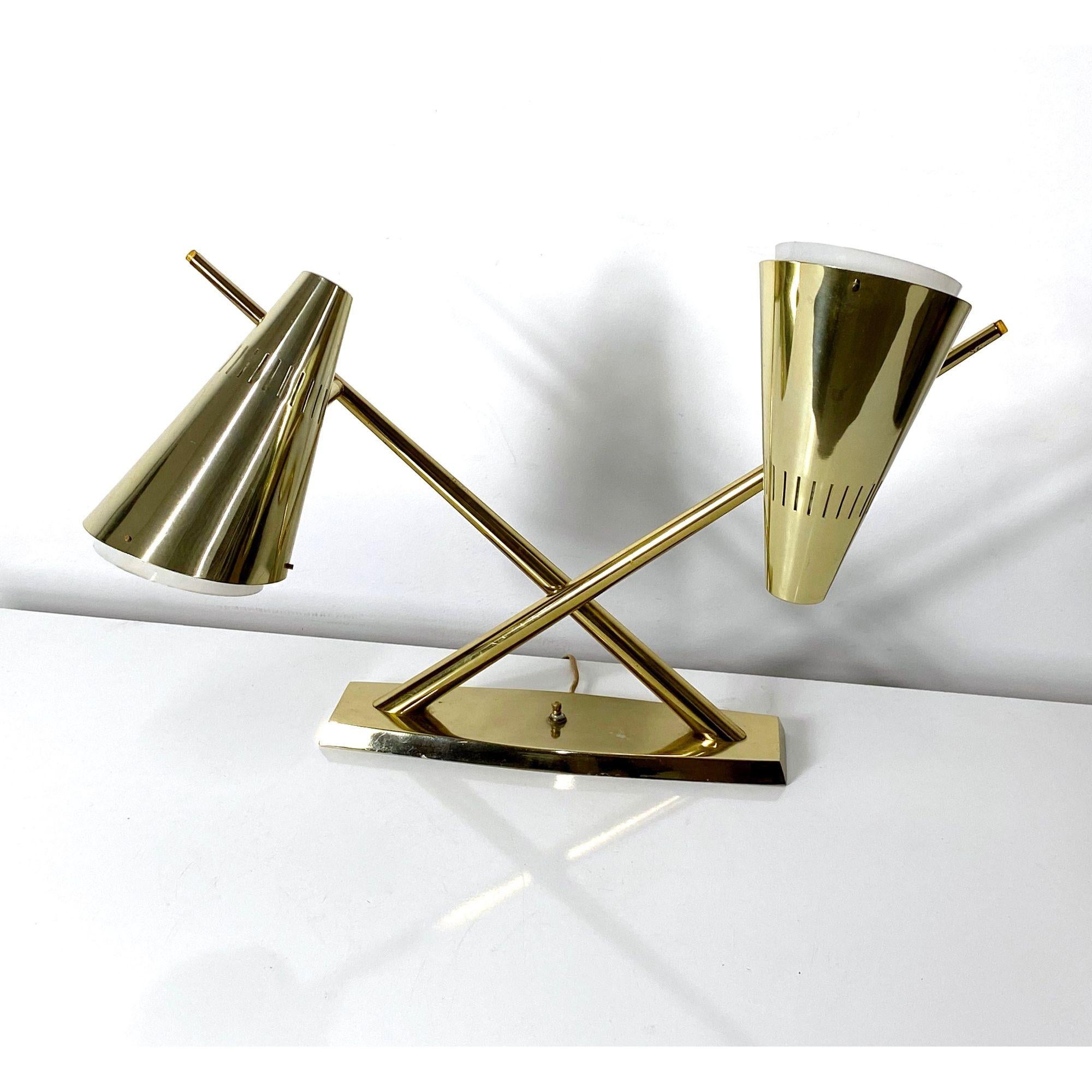 Mid-Century Modern Dual Cone Desk Lamp in Brass and Glass  by Laurel Lamos, circa 1960s