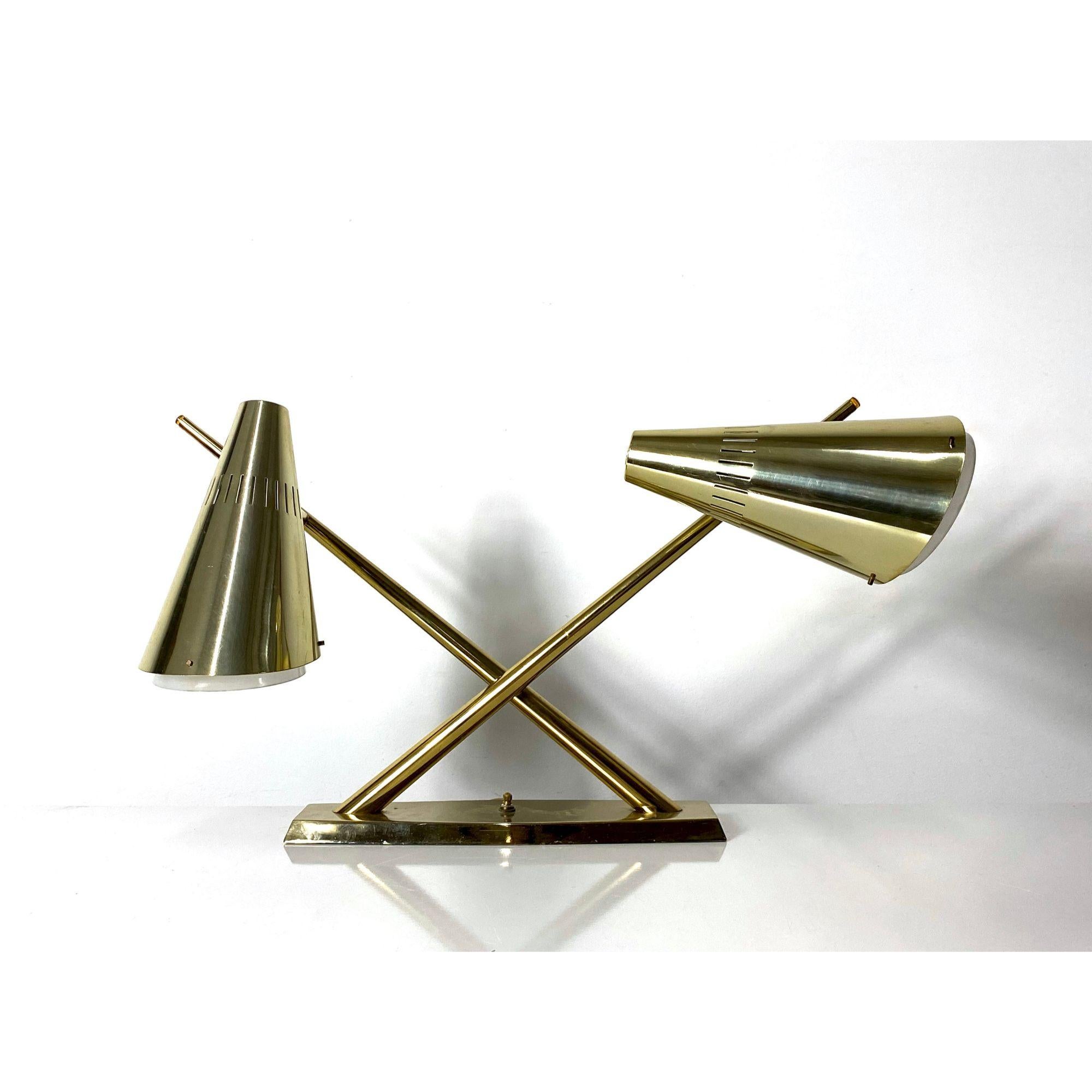 Dual Cone Desk Lamp in Brass and Glass  by Laurel Lamos, circa 1960s In Good Condition In Troy, MI