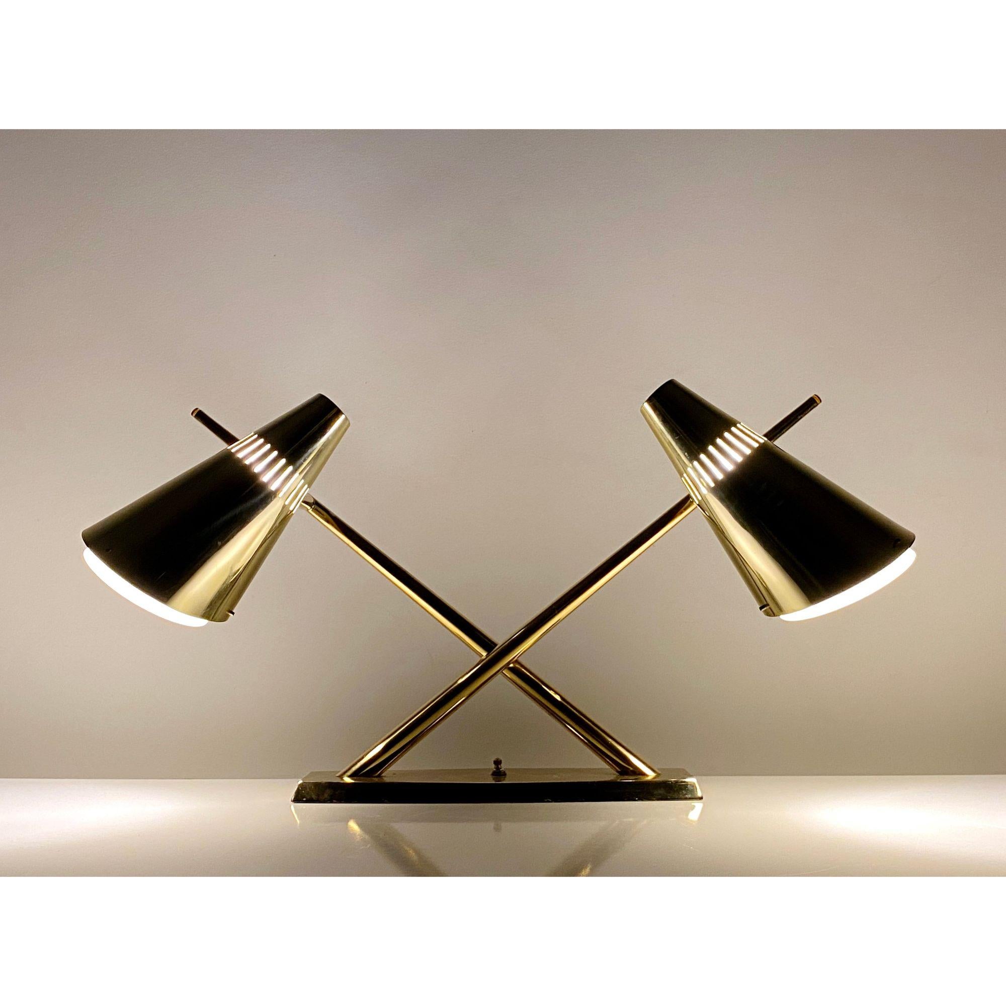 Dual Cone Desk Lamp in Brass and Glass  by Laurel Lamos, circa 1960s 3