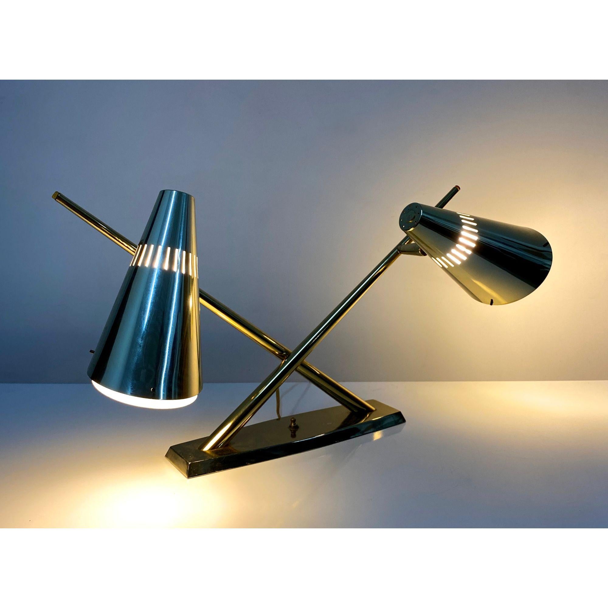 Dual Cone Desk Lamp in Brass and Glass  by Laurel Lamos, circa 1960s 4