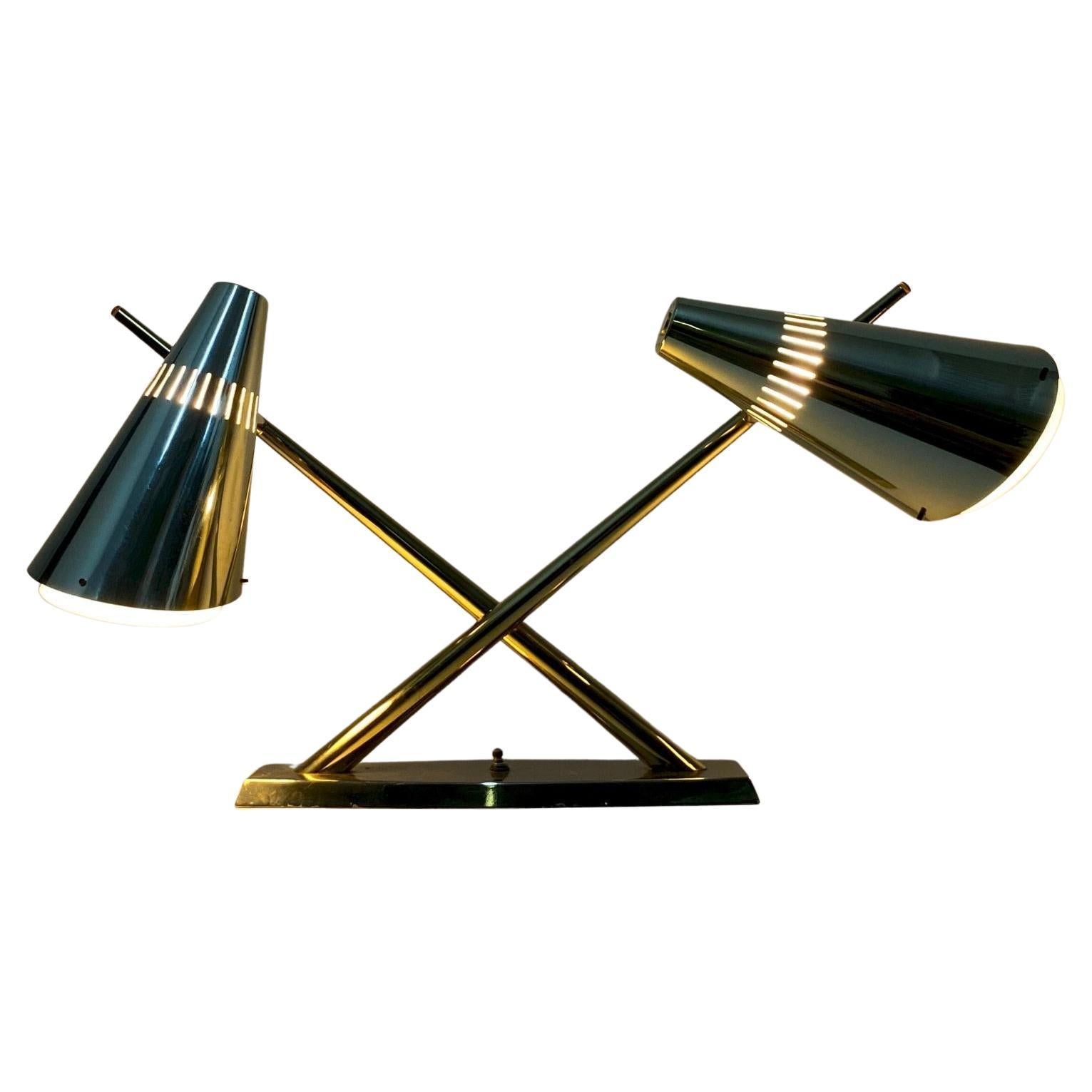 Dual Cone Desk Lamp in Brass and Glass  by Laurel Lamos, circa 1960s