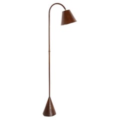 Dual Cone Leather Stitched Reading Floor Lamp. France 1960s