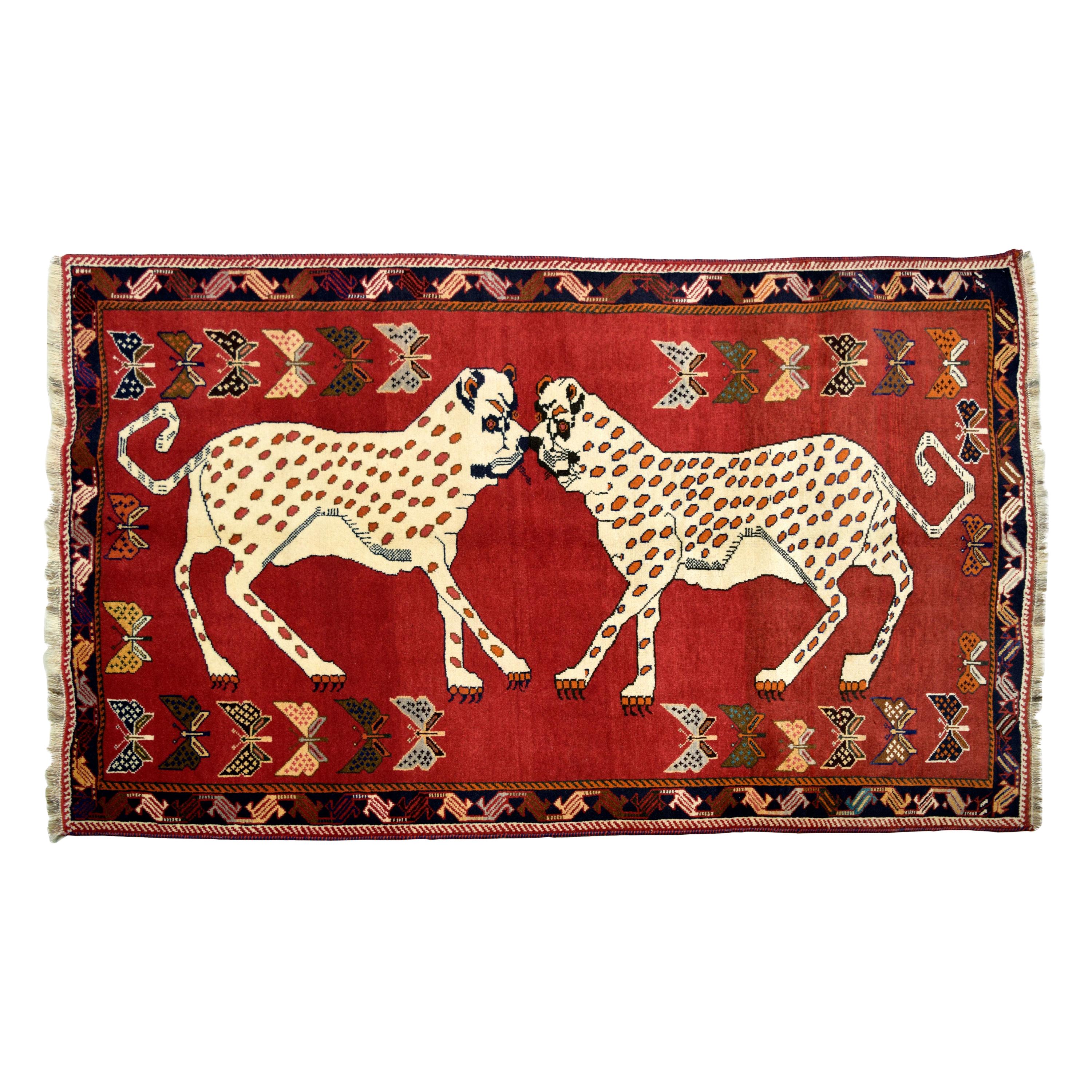 Vintage 1940s Persian Qashqai Leopard Rug, Dual Motif, 4' x 6'