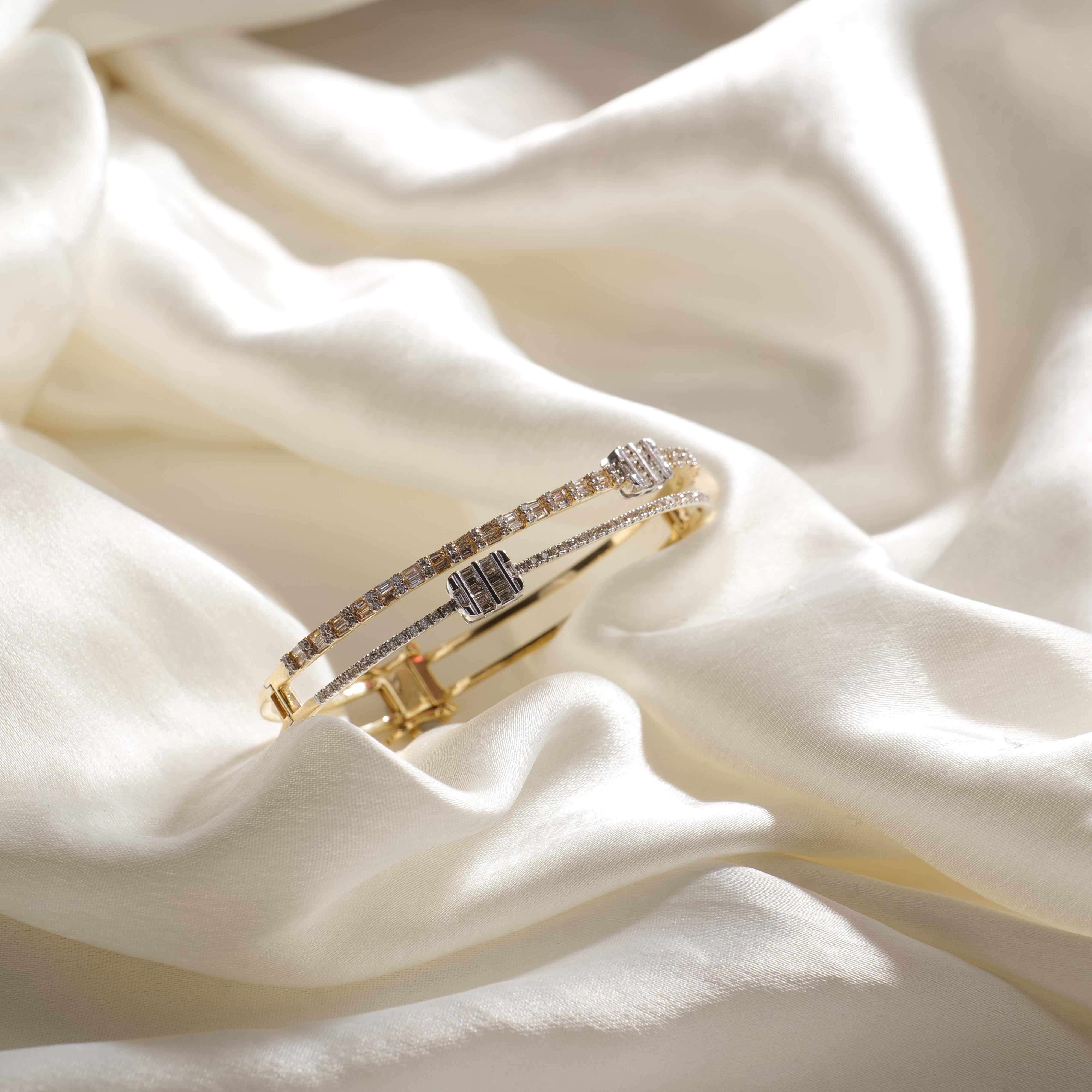 Dual Line Baguette & Round Diamond Bracelet set in 18k Solid Gold For Sale 4