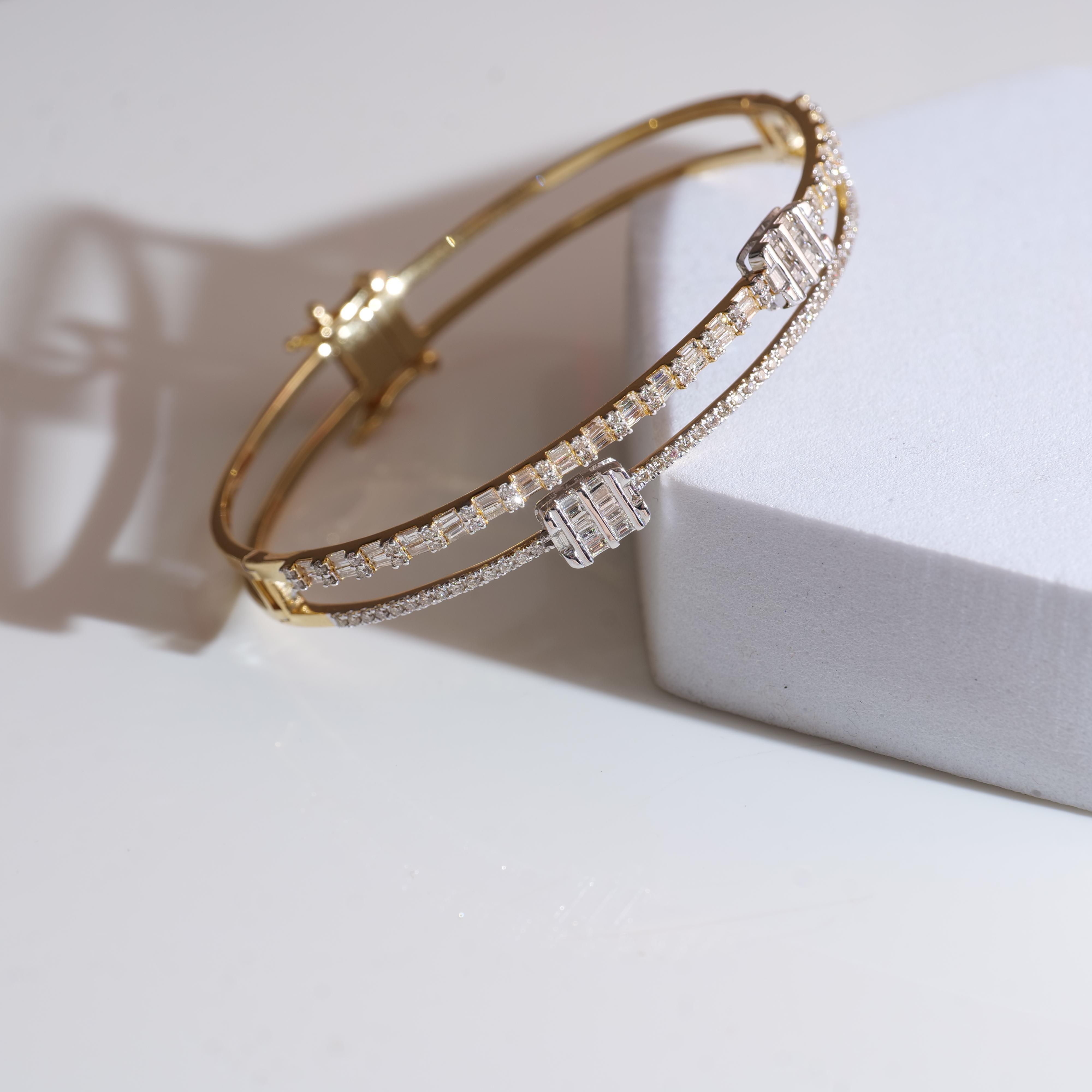 Dual Line Baguette & Round Diamond Bracelet set in 18k Solid Gold For Sale 6