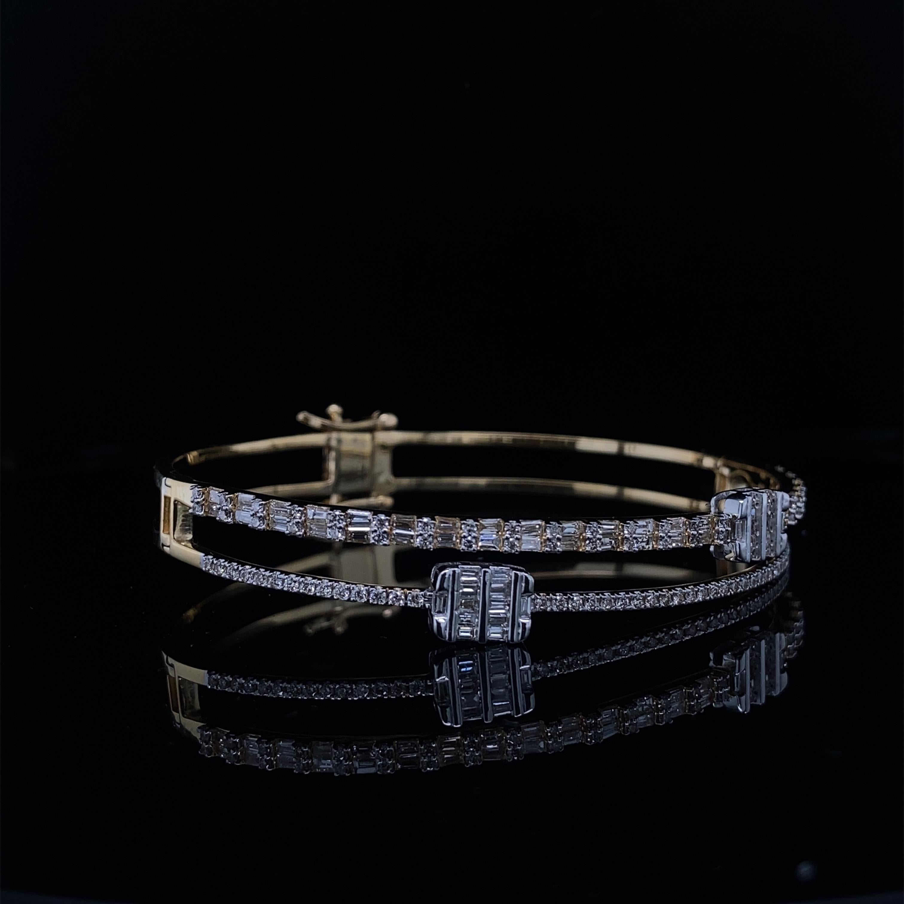 Women's Dual Line Baguette & Round Diamond Bracelet set in 18k Solid Gold For Sale