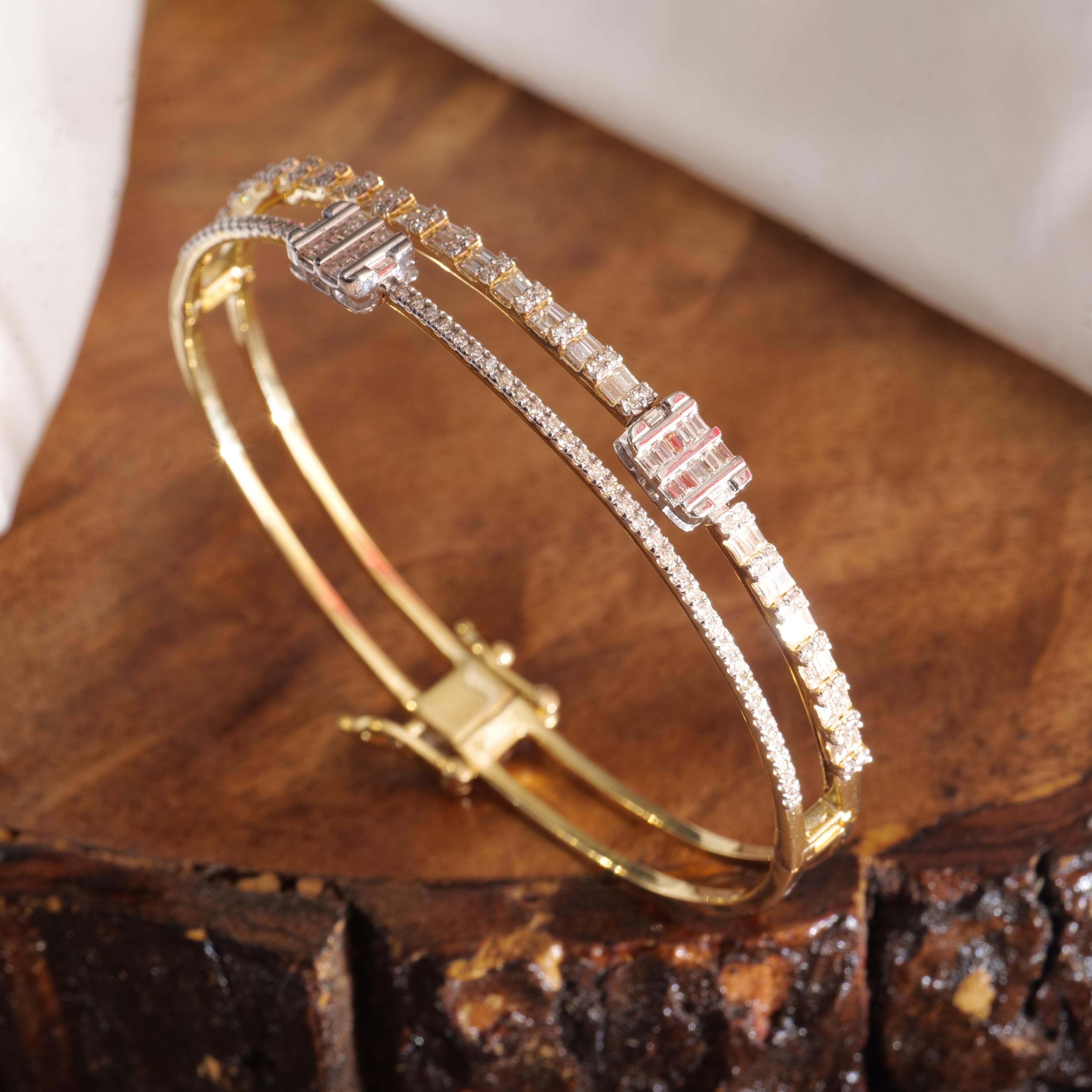 Dual Line Baguette & Round Diamond Bracelet set in 18k Solid Gold For Sale 2
