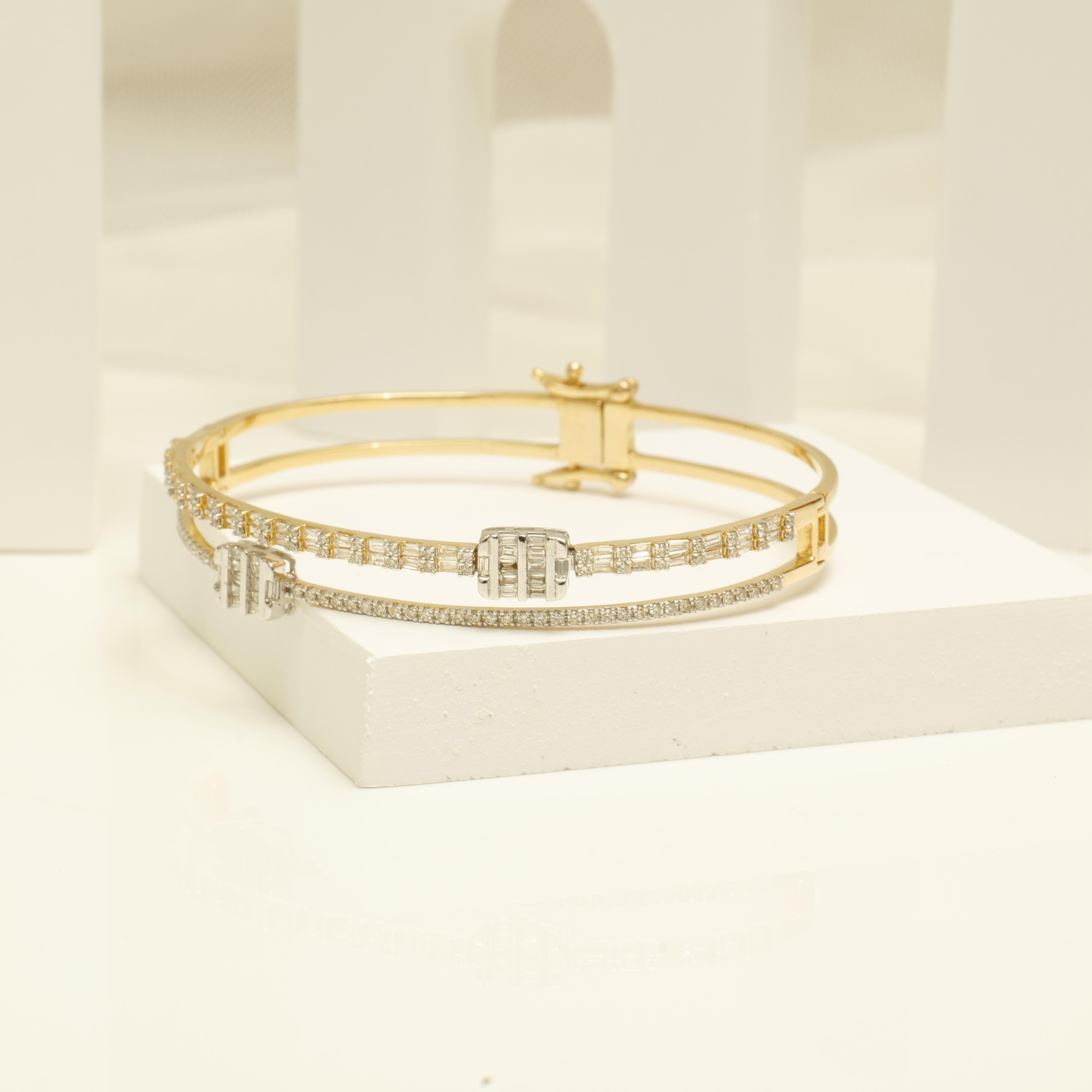 Dual Line Baguette & Round Diamond Bracelet set in 18k Solid Gold For Sale 3