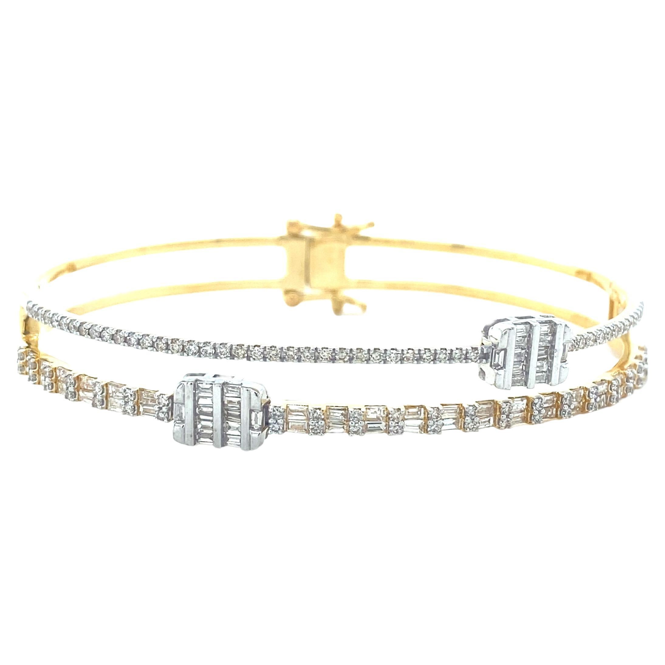 Bracelet en or massif 18k serti de diamants baguettes et ronds Dual Line