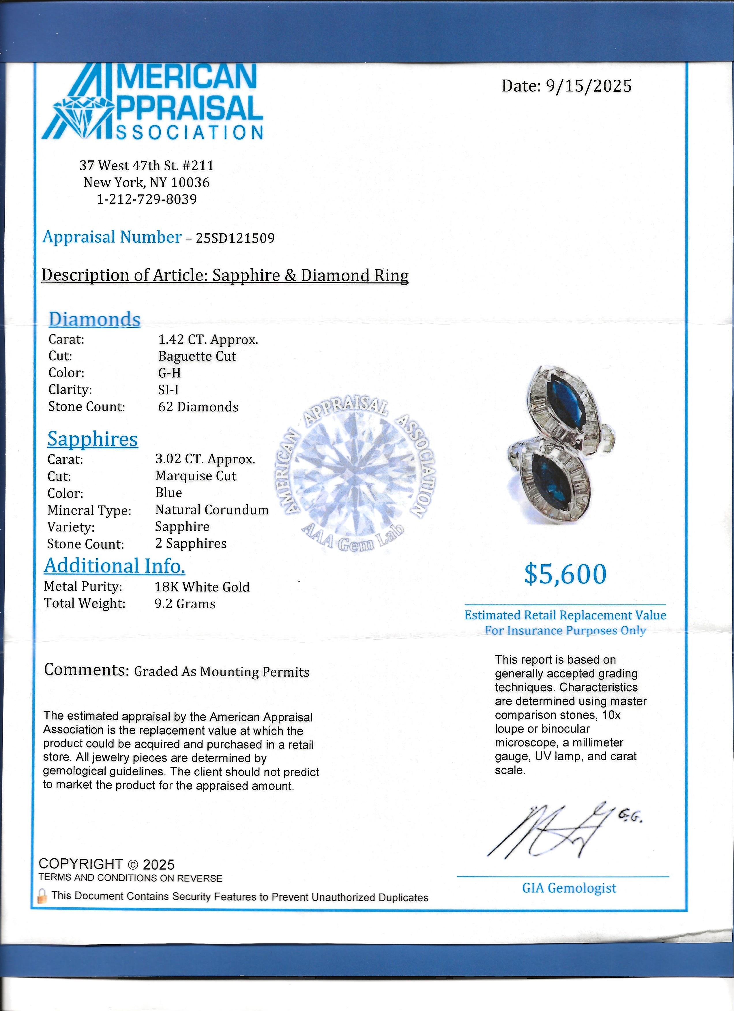 Bypass-Ring mit zwei Saphiren im Marquise-Schliff und Baguette-Diamanten 18 Karat Weißgold im Angebot 6