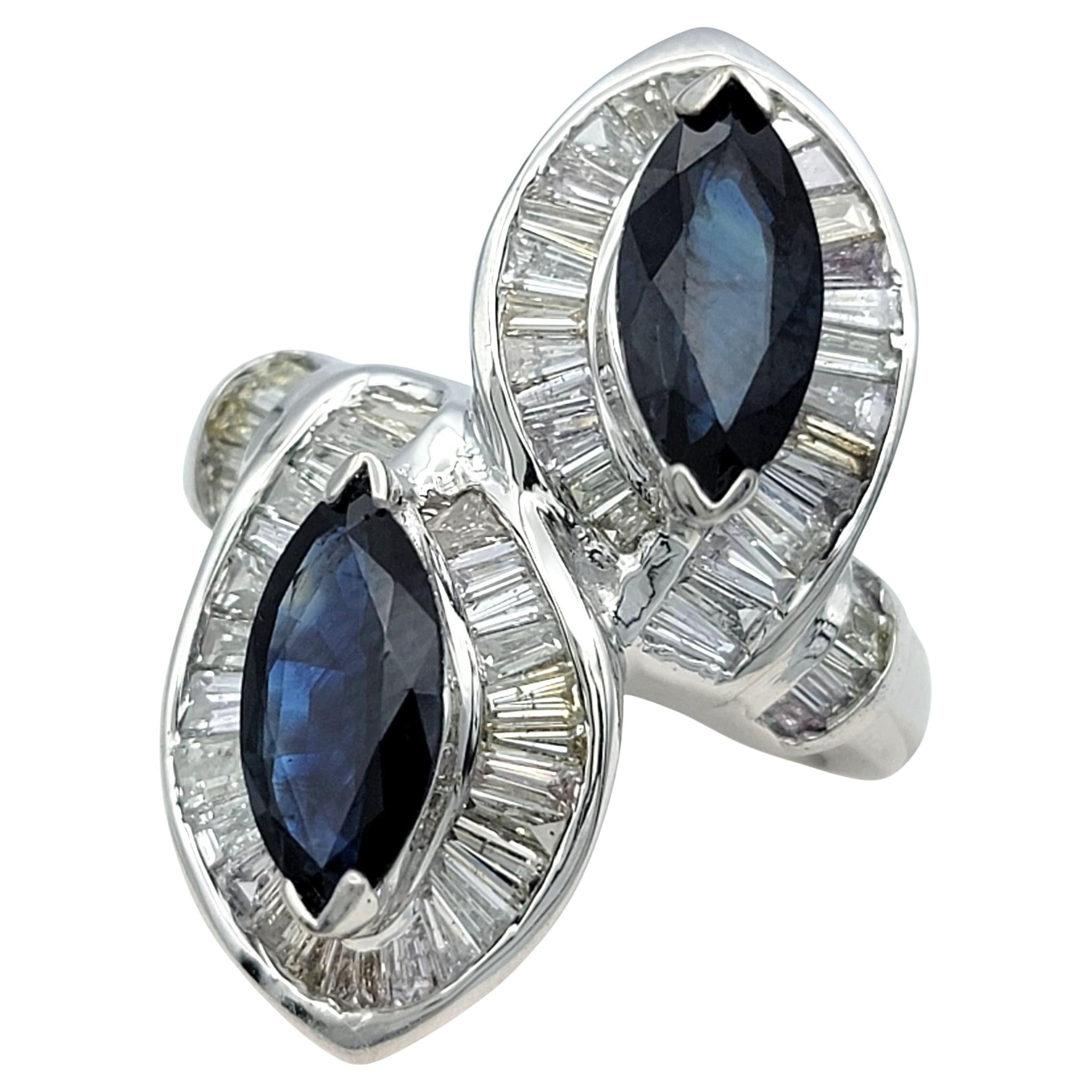 Bypass-Ring mit zwei Saphiren im Marquise-Schliff und Baguette-Diamanten 18 Karat Weißgold