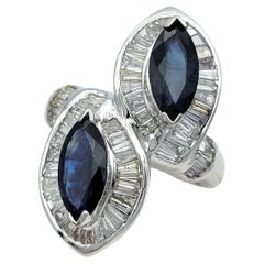 Dual Marquise Cut Sapphire and Baguette Diamond Bypass Ring 18 Karat White Gold