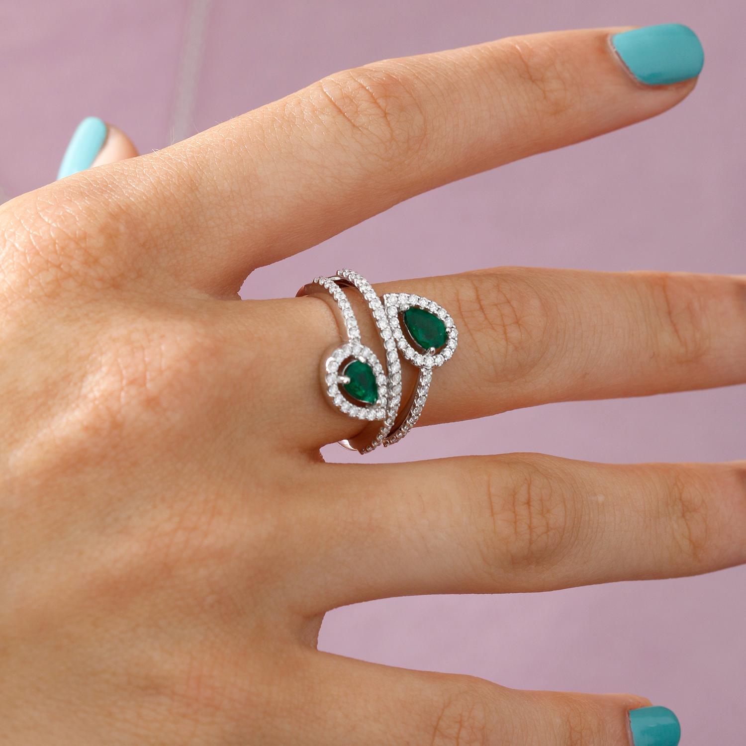 Women's Dual Pear Emerald 14 Karat White Gold Ring For Sale