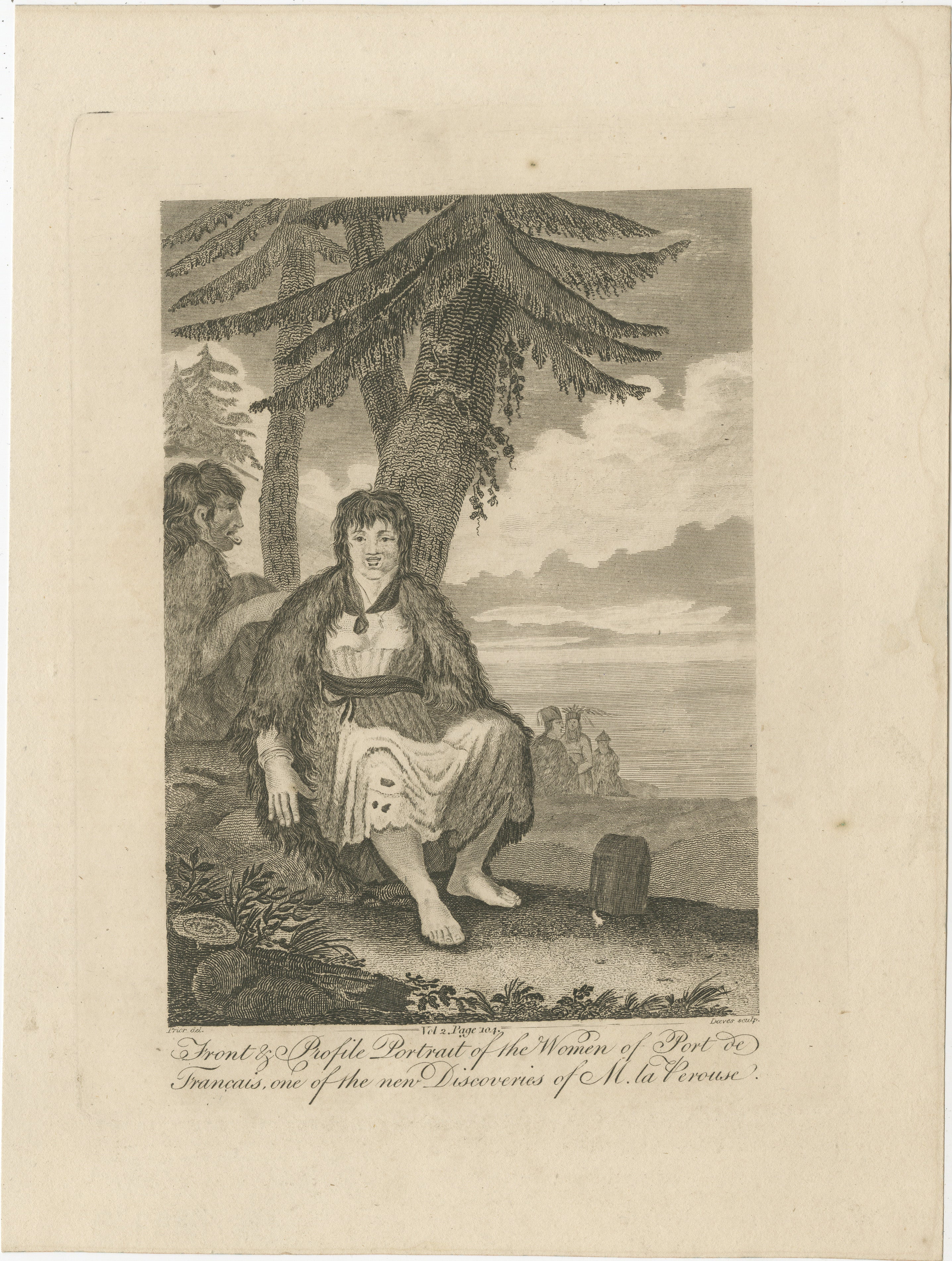 This image is an original historical print showcasing two representations of a woman from Port Francais, a locale associated with the explorations of Jean-François de Galaup, comte de La Pérouse. 

The left side of the print presents the profile