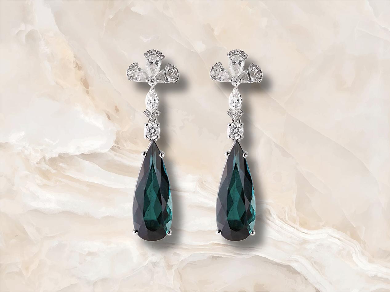 Pear Cut Dual-Shade Tourmaline Drop Earrings in 18kt White Gold with Diamonds For Sale