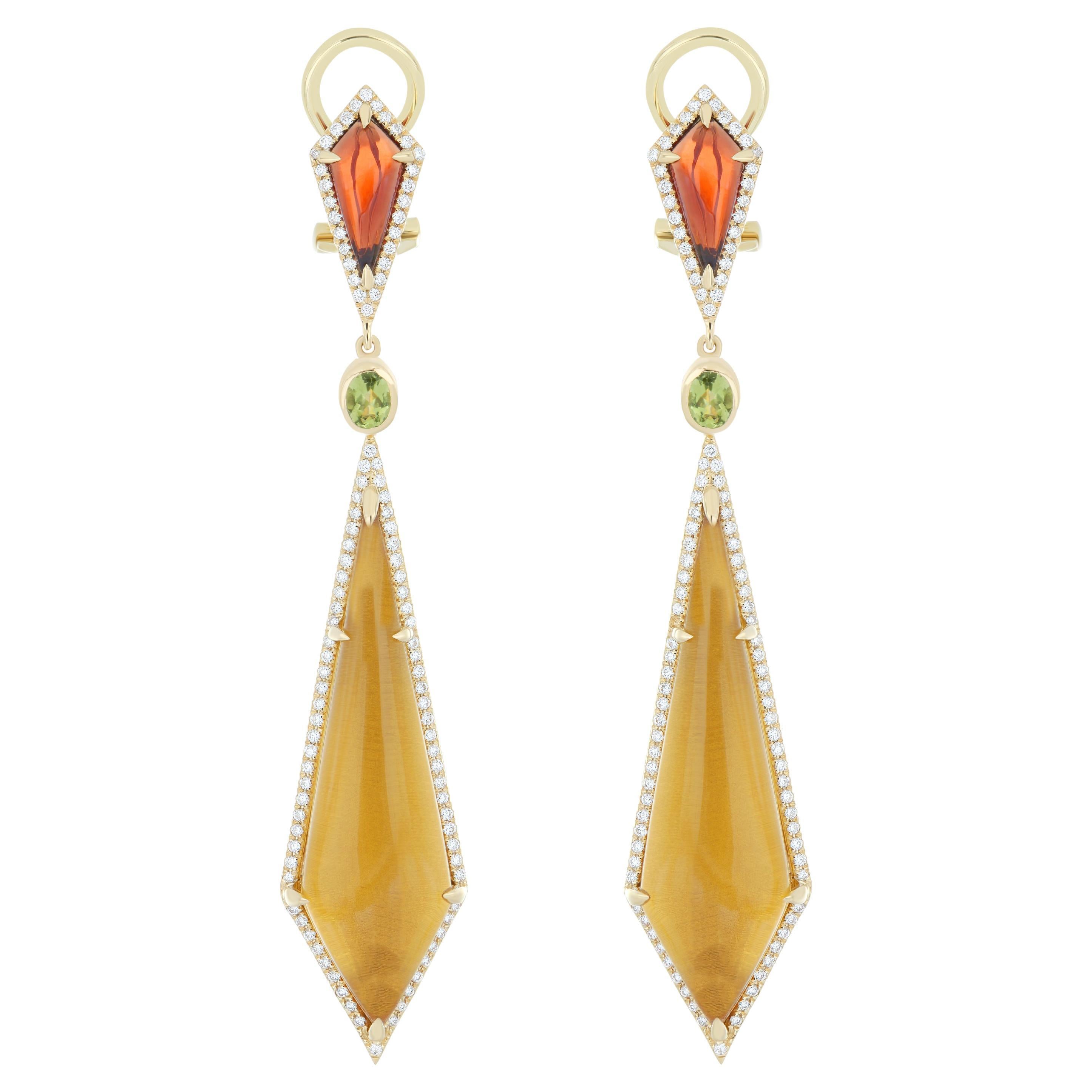 Dual Side Earring with Multi stone & Diamond in 14K Gold