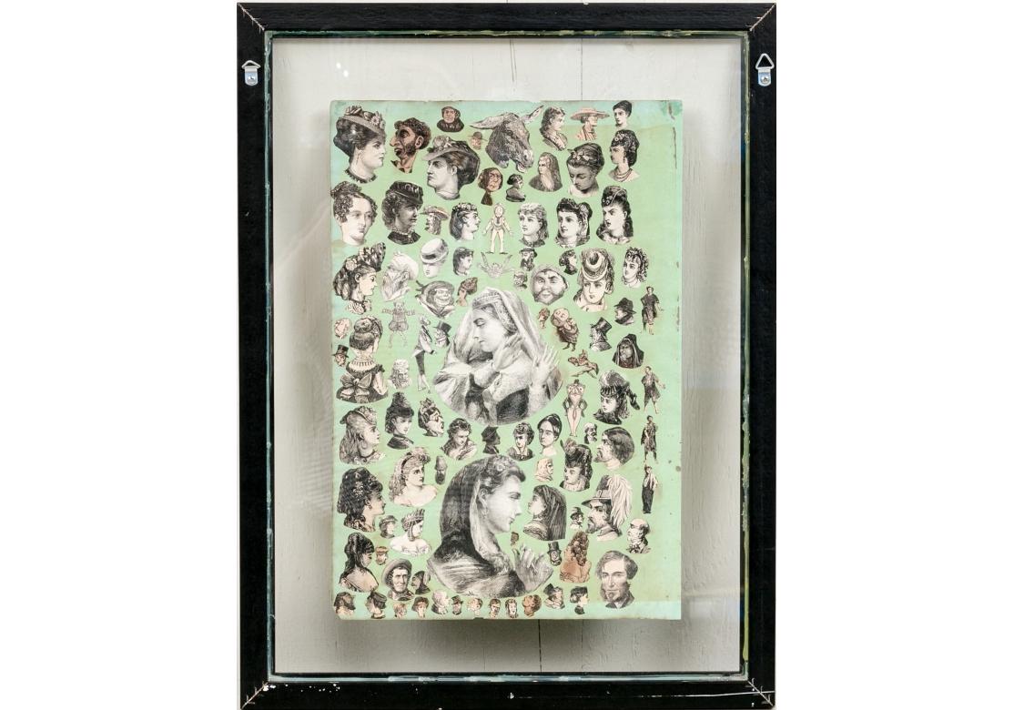 Collage antiguo compuesto por una miríada de retratos, incluidas algunas figuras masculinas y femeninas de cuerpo entero, rostros grotescos, retratos de moda y caricaturas. El arte en blanco y negro se adhiere a un fondo verde y se intercala entre