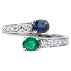 Dual Stone Oval Sapphire & Emerald Diamond Adjustable Bypass Ring in 18K Gold