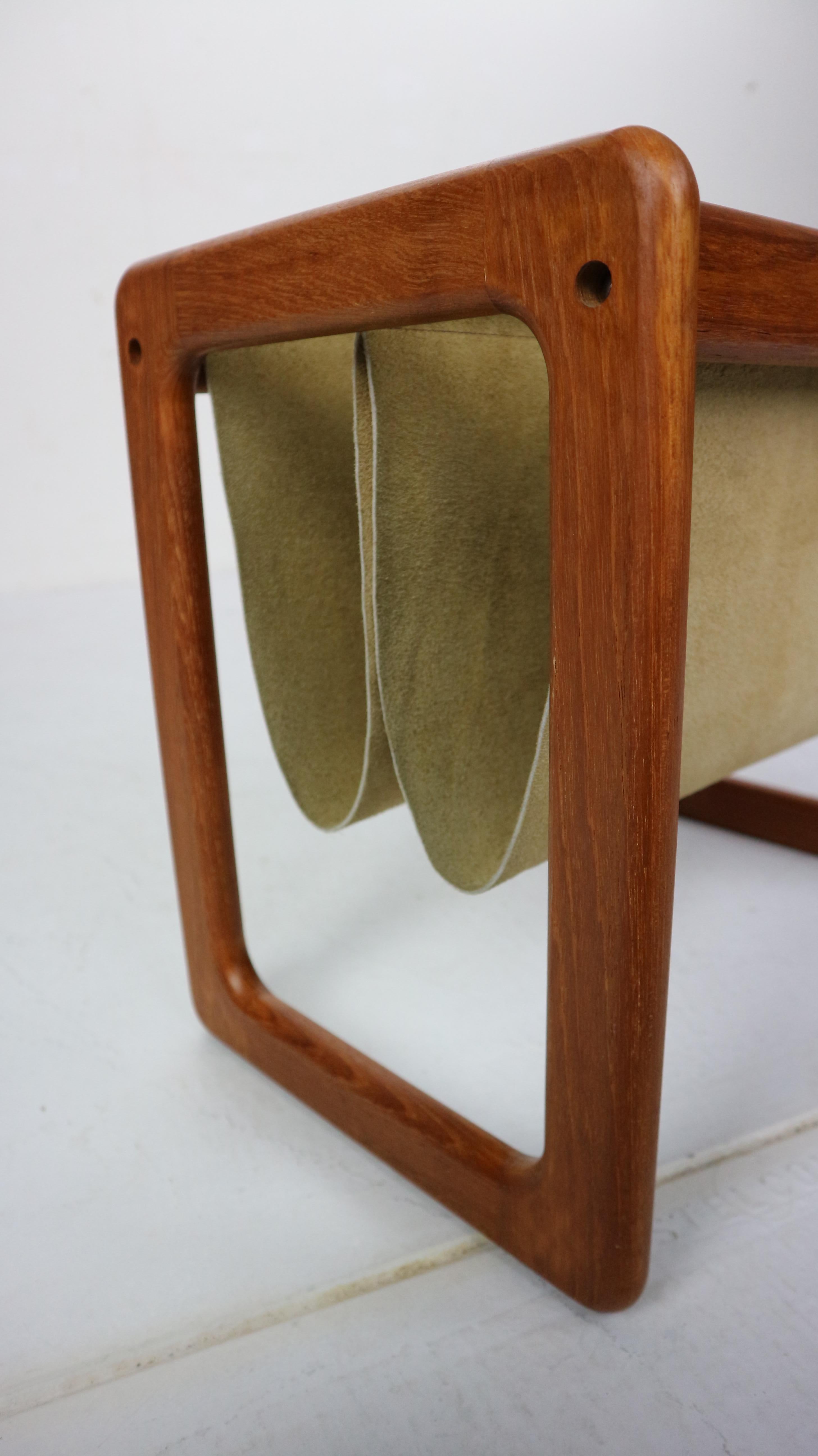 Dual Teak & Suede Leather Magazine Rack By Aksel Kjersgaard, 1960s, Denmark 11