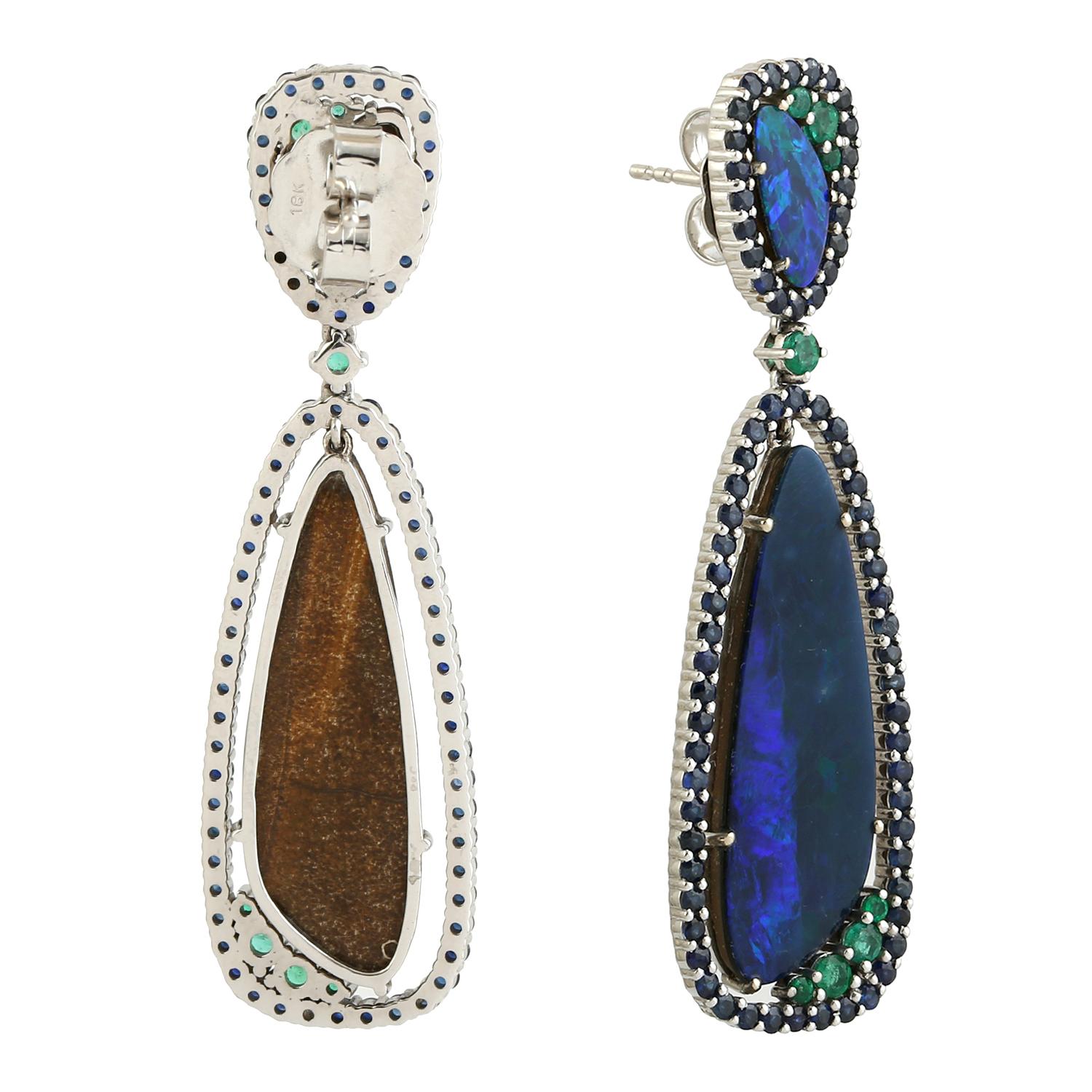 Art Nouveau Dual Tone Doublet Opal Dangle Earrings With Sapphire & Emerald In 18k White Gold