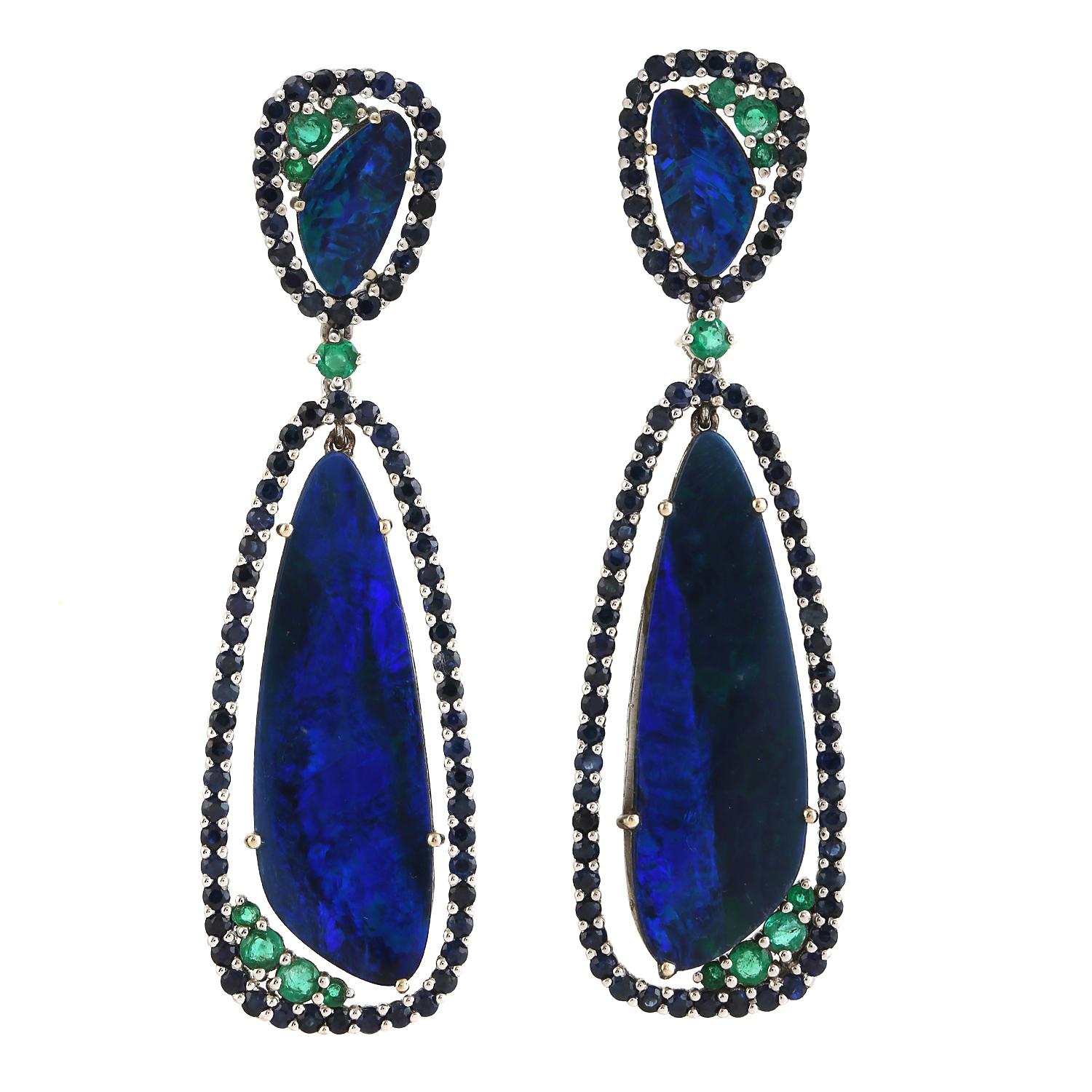 Mixed Cut Dual Tone Doublet Opal Dangle Earrings With Sapphire & Emerald In 18k White Gold