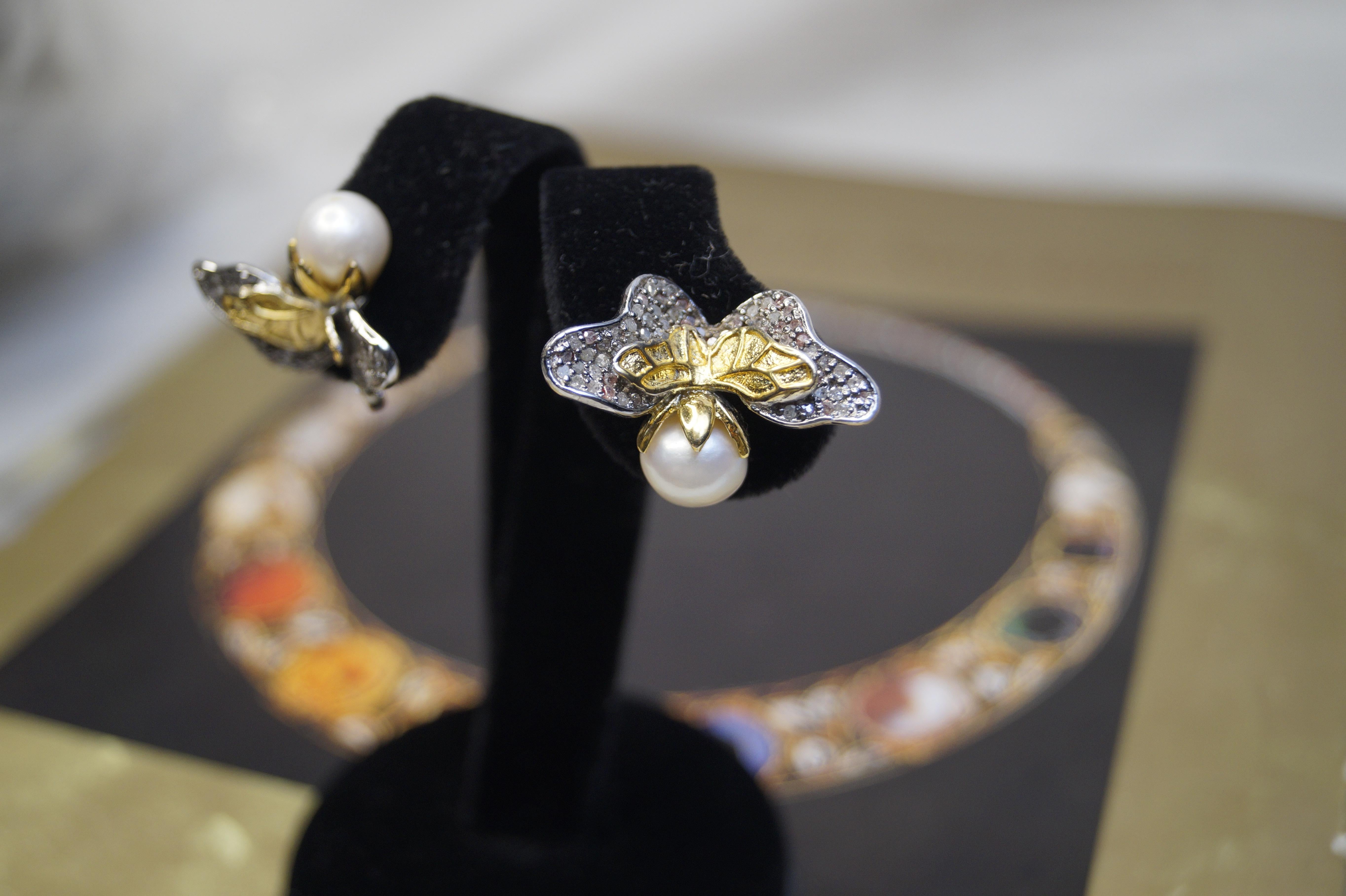 Dual tone Natürliche Diamanten Perle Sterlingsilber Perlen Ohrstecker  im Zustand „Neu“ im Angebot in Delhi, DL