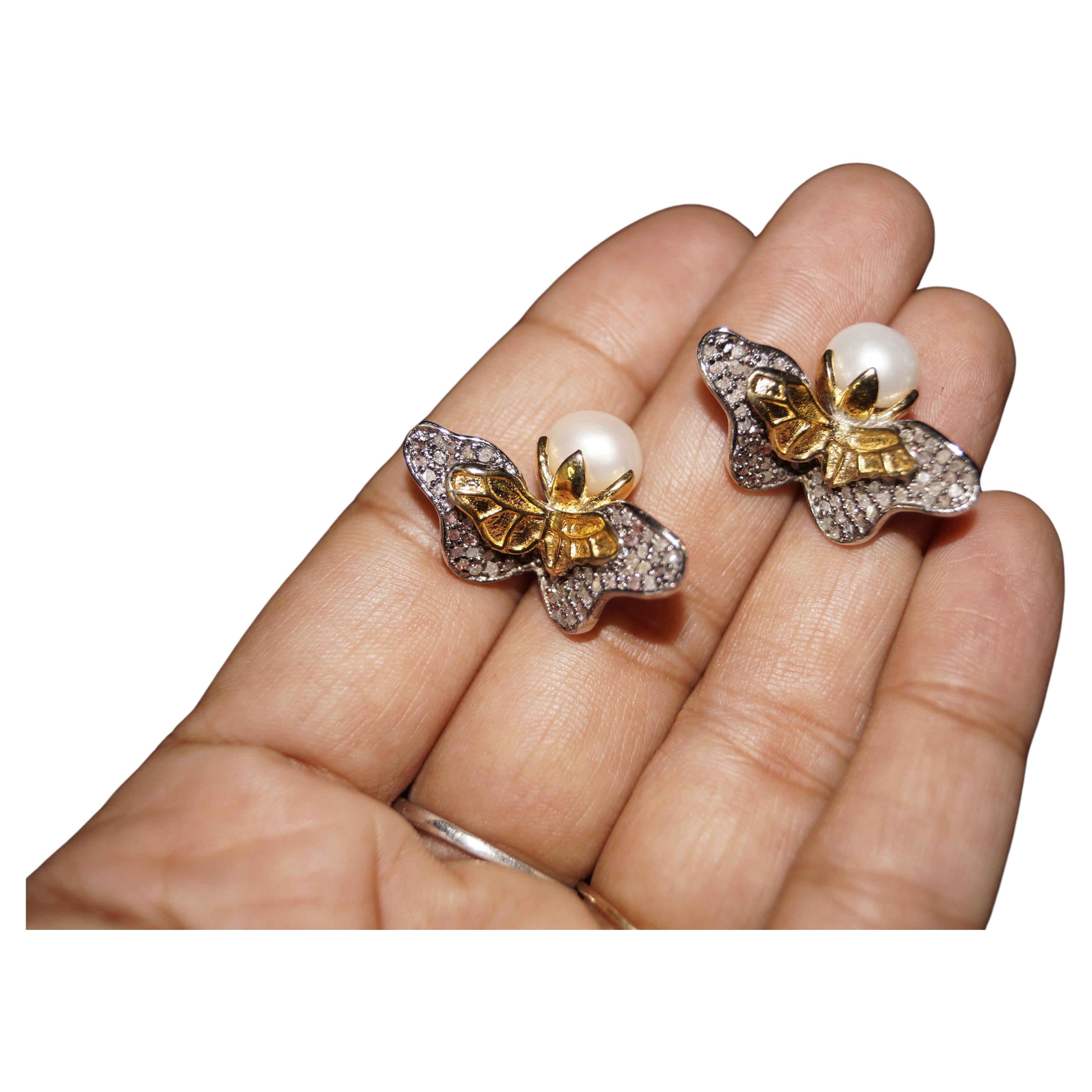 Dual tone Natural diamonds pearl sterling silver pearl stud earrings (boucles d'oreilles perles) 