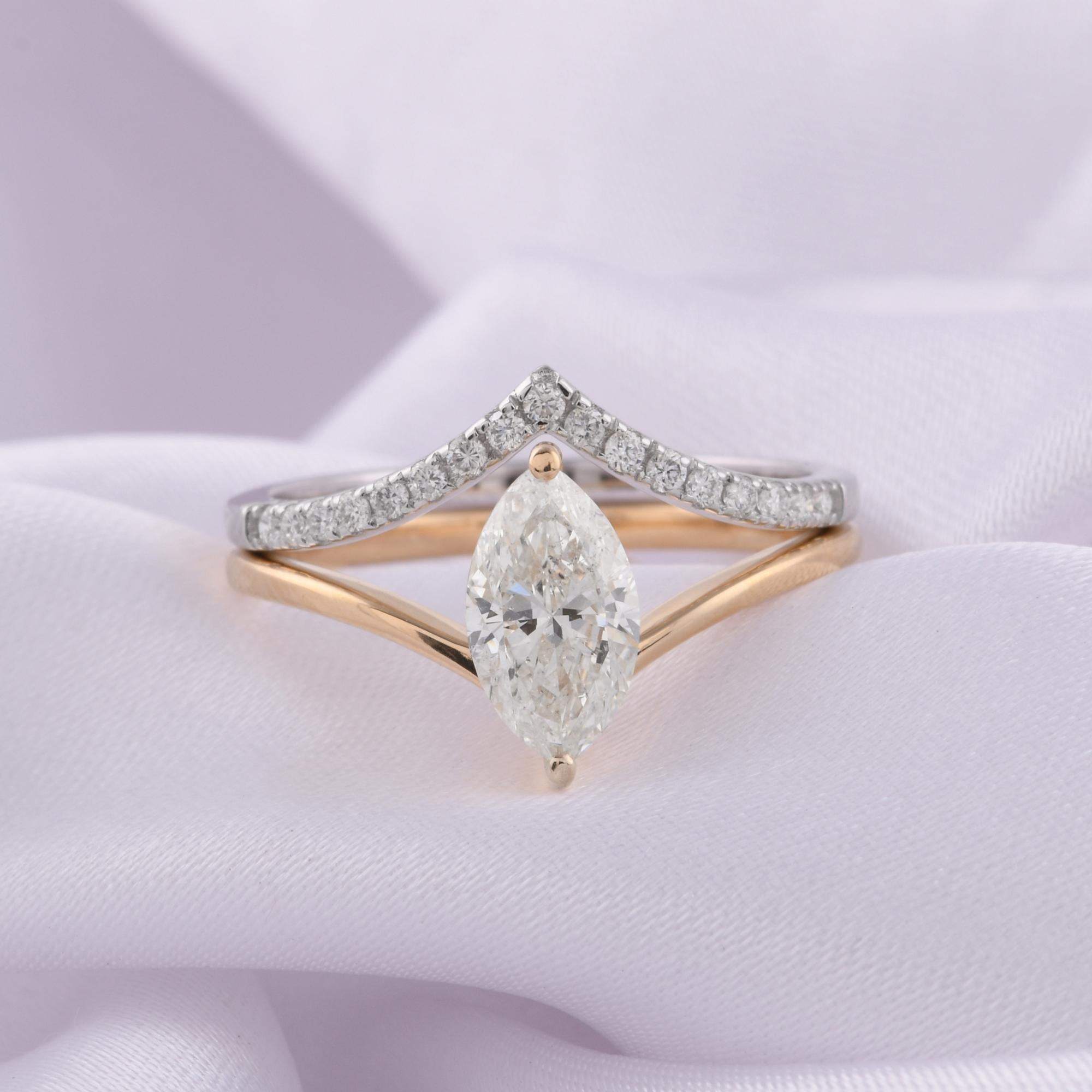 Im Angebot: Zweifarbiger Solitär Marquise Naturdiamant Stapelbarer Bandring 14K Gold () 10