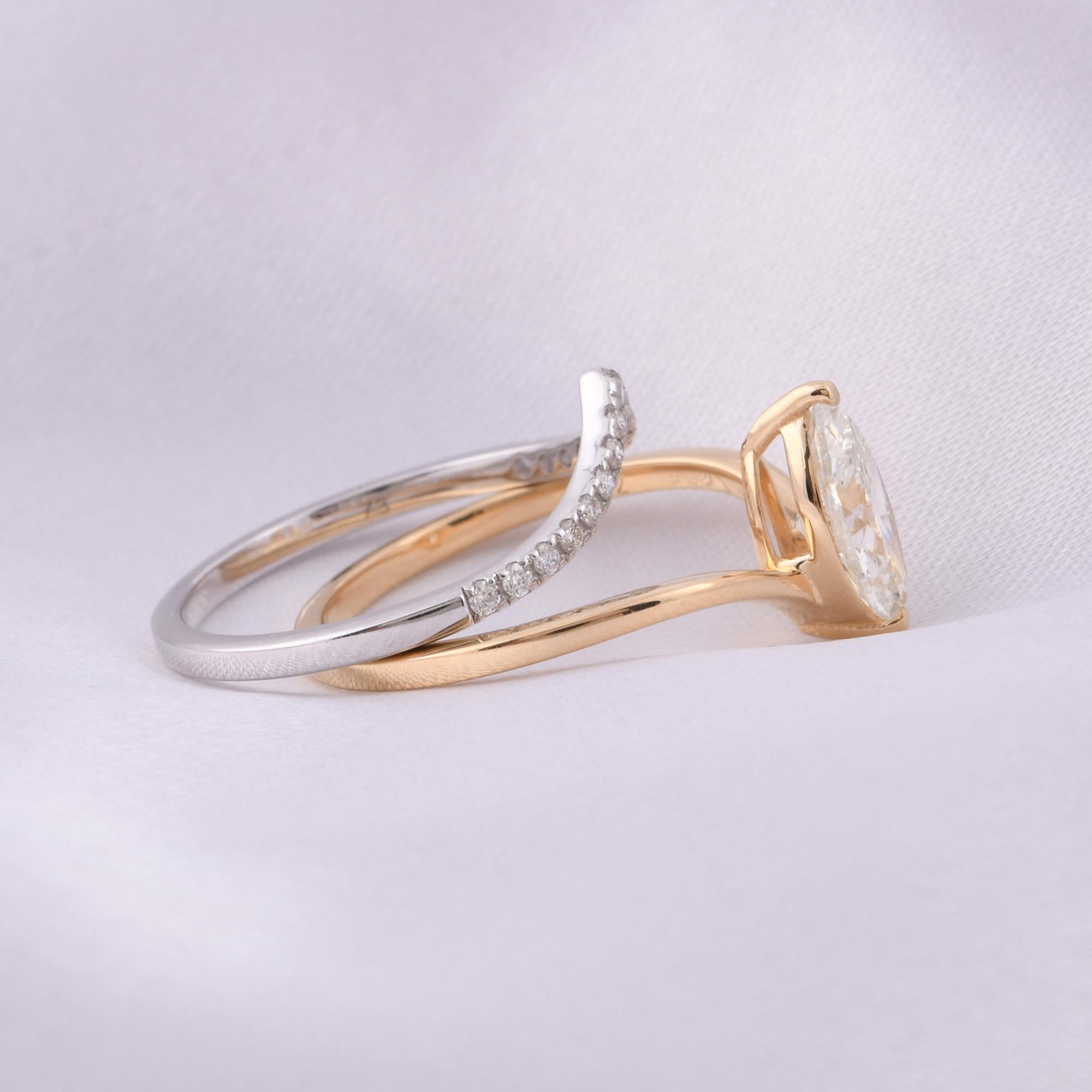 Im Angebot: Zweifarbiger Solitär Marquise Naturdiamant Stapelbarer Bandring 14K Gold () 5