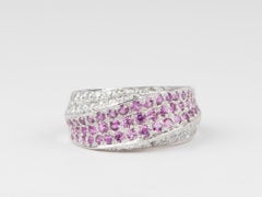 Dual Tone Three Dimensional Diamond and Pink Sapphire Band Ring 18K Gold V1130