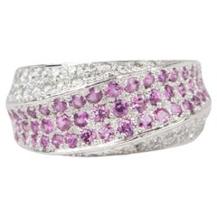 Dual Tone Three Dimensional Diamond and Pink Sapphire Pave Wide Band Ring 18K Go