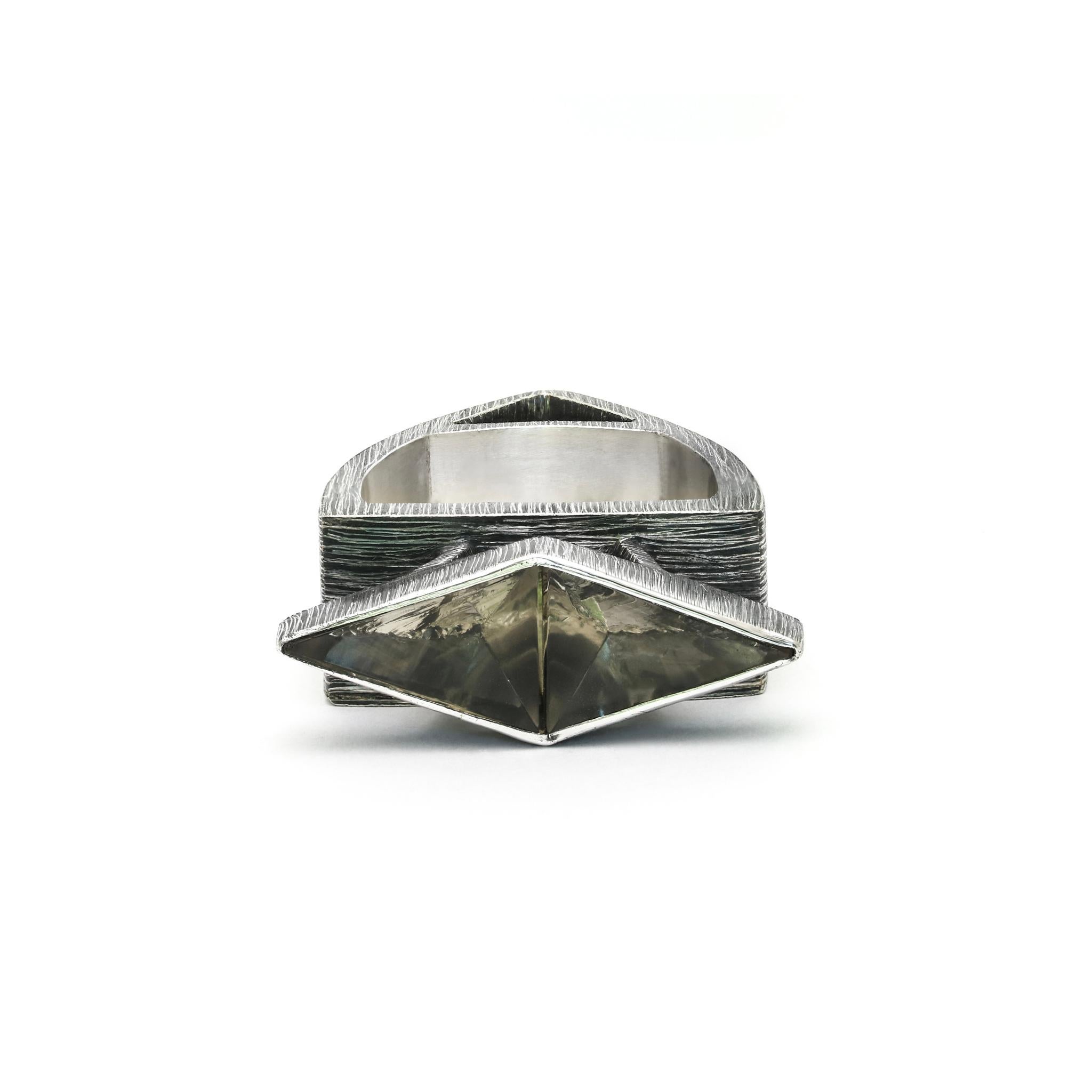 Balinese Dual Triangles Ring Crafted from Sterling Silver & Hewn Crystals