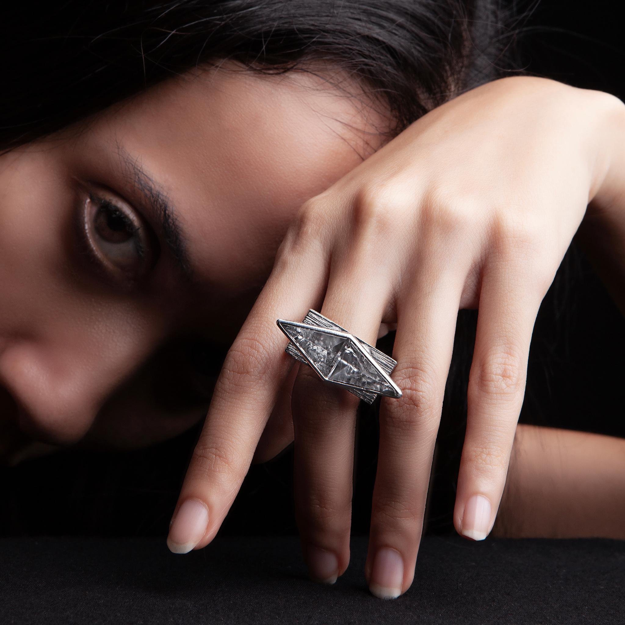Dual Triangles Ring Crafted from Sterling Silver & Hewn Crystals 1