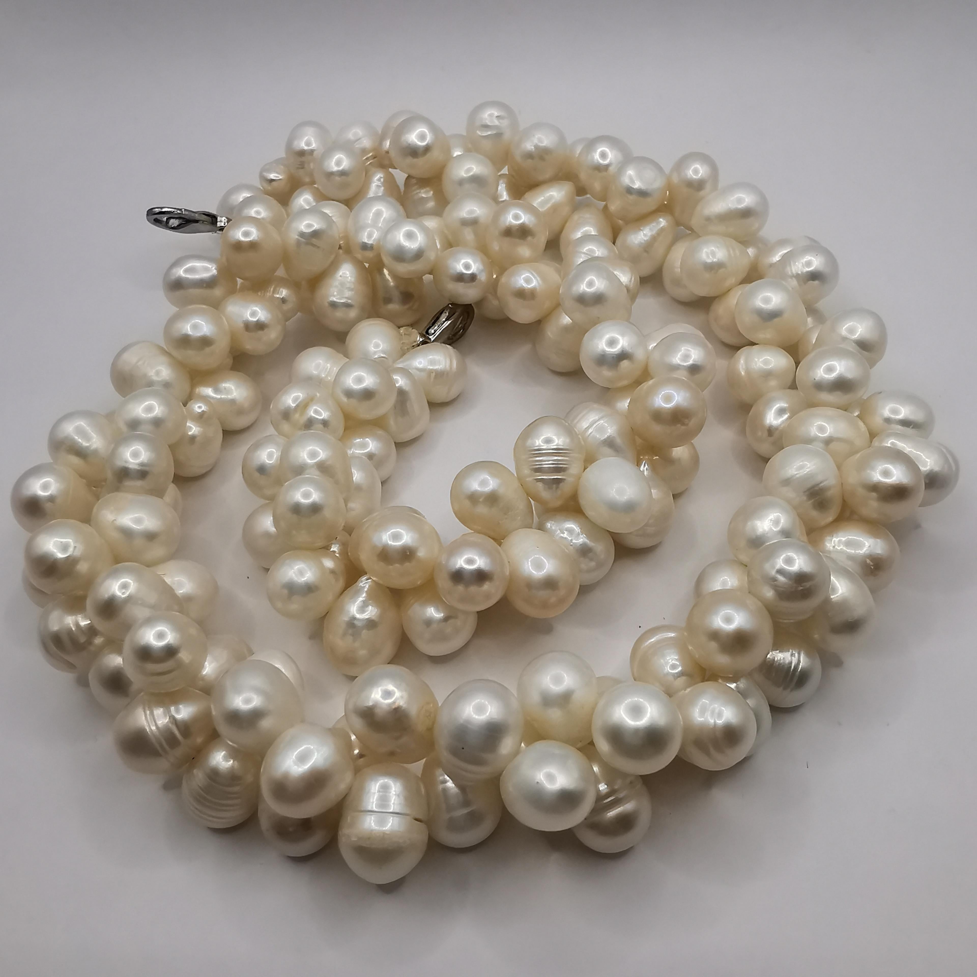 Uncut Dual Twisted Freshwater Cultured Baroque White Pearl Necklace For Sale
