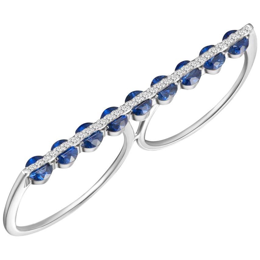 Dual Two Finger Modern Ring, White Diamonds and Blue Sapphires For Sale