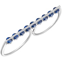 Dual Two Finger Modern Ring, White Diamonds and Blue Sapphires